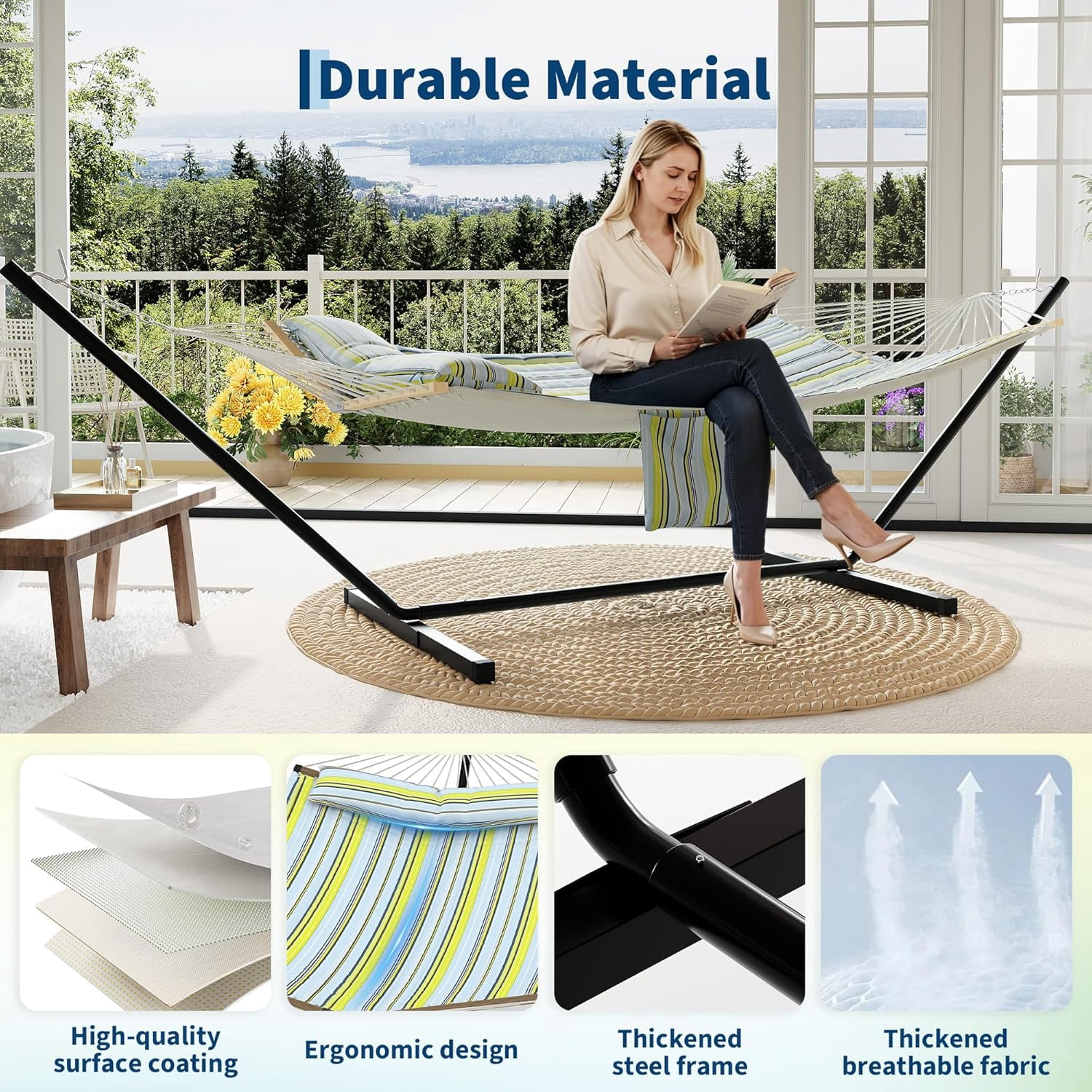 GARVEE Double Hammock with Stand, Heavy-Duty Outdoor Swing Bed with Adjustable Steel Frame (Blue & Green Stripes, 143.7 in) 9i0ty