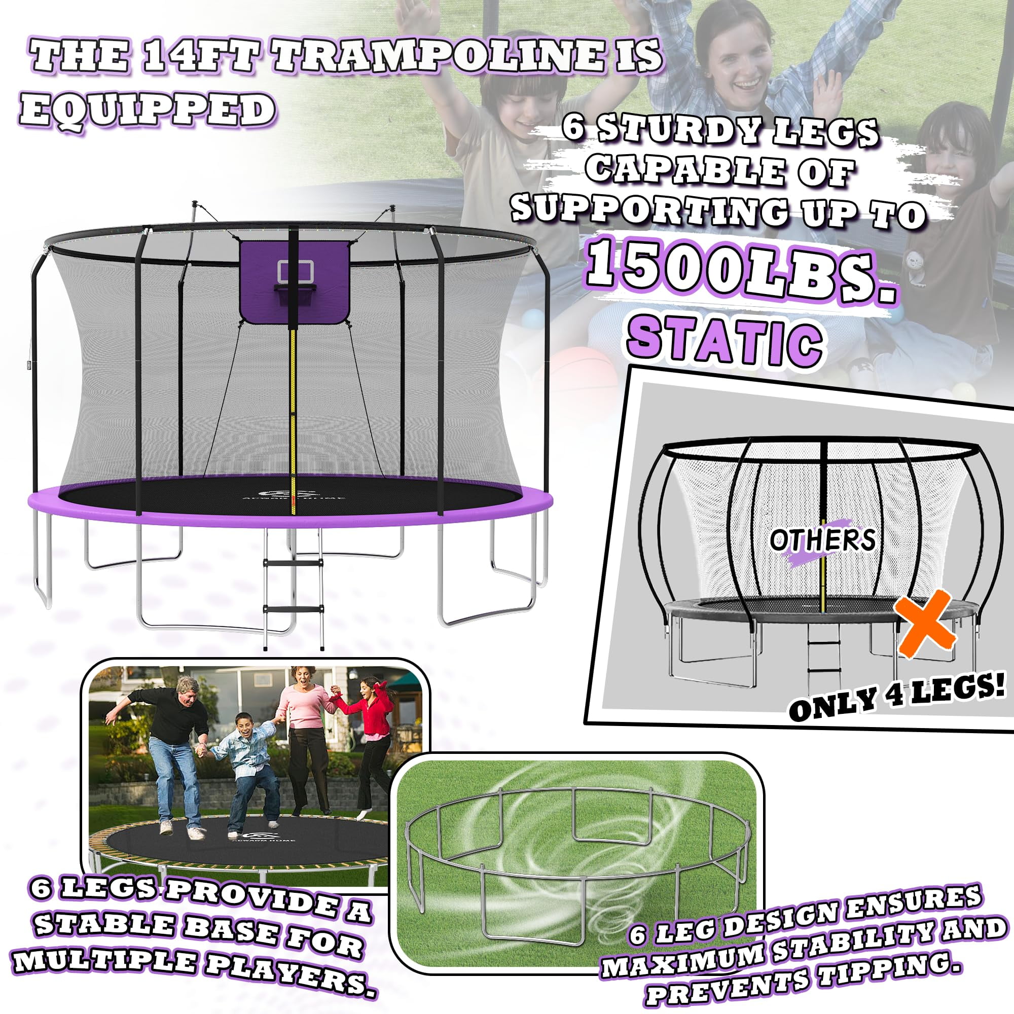 ACWARM HOME 15 ft Recreational Trampoline with Basketball Hoop and LED Lights (Purple, 15 ft) iehxv