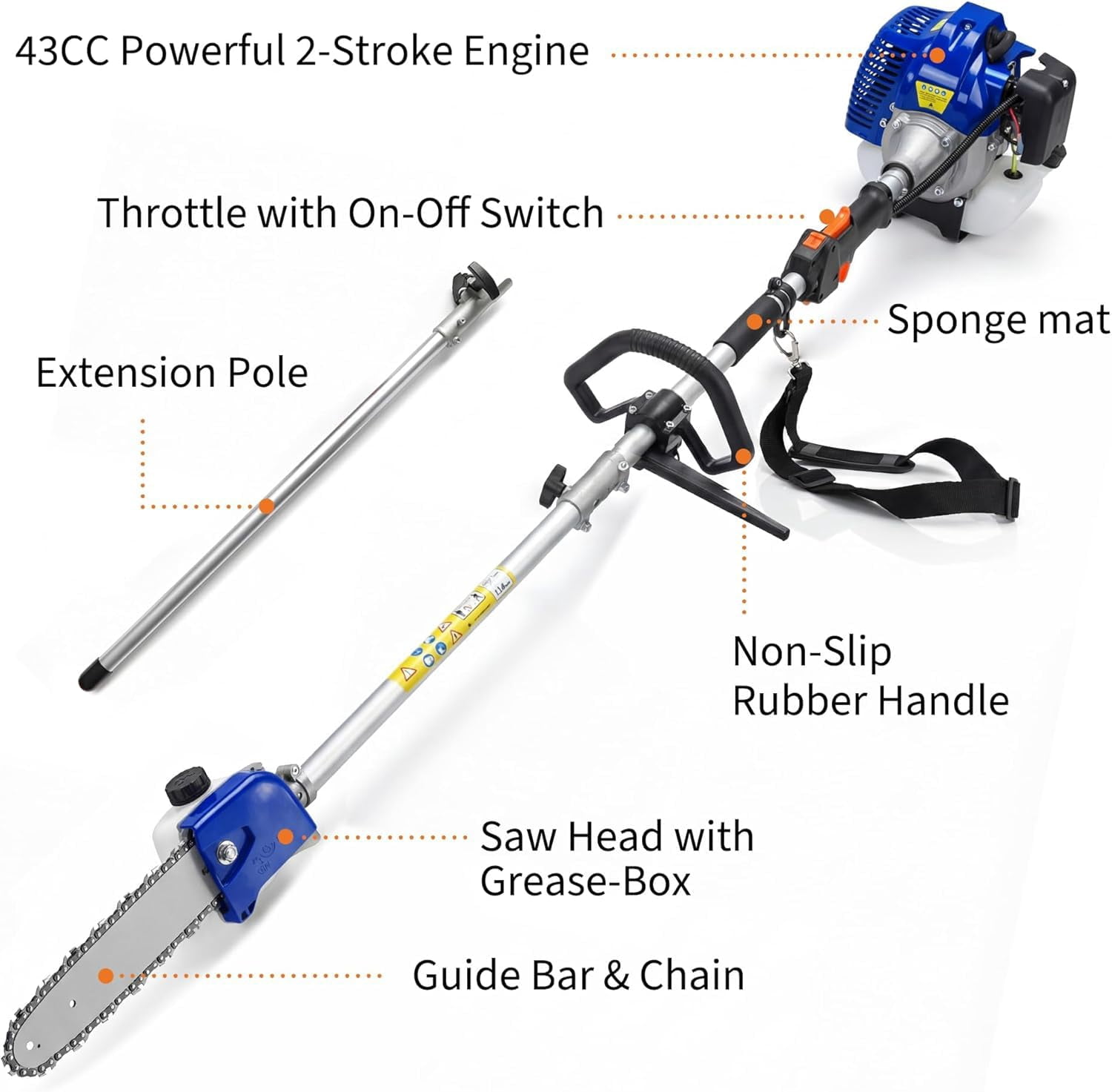Generic 43CC 2-Stroke Gas Pole Saw with 12-Inch Bar for Tree and Branch Trimming (Orange, 40.58 fl oz) cogcq