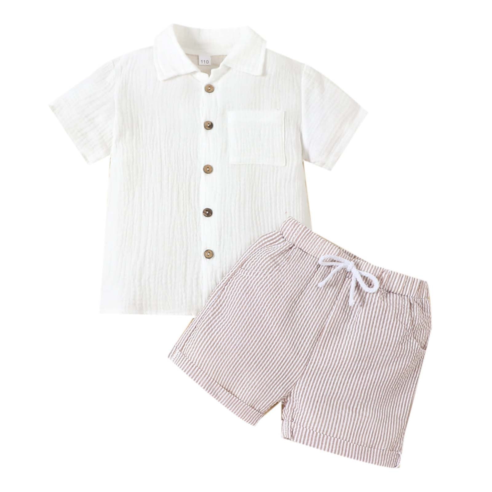 Wxolcjlv Boys Summer Linen Polo Shirt and Striped Shorts 2-Piece Set (Beige, 12M-7Y) tps3q