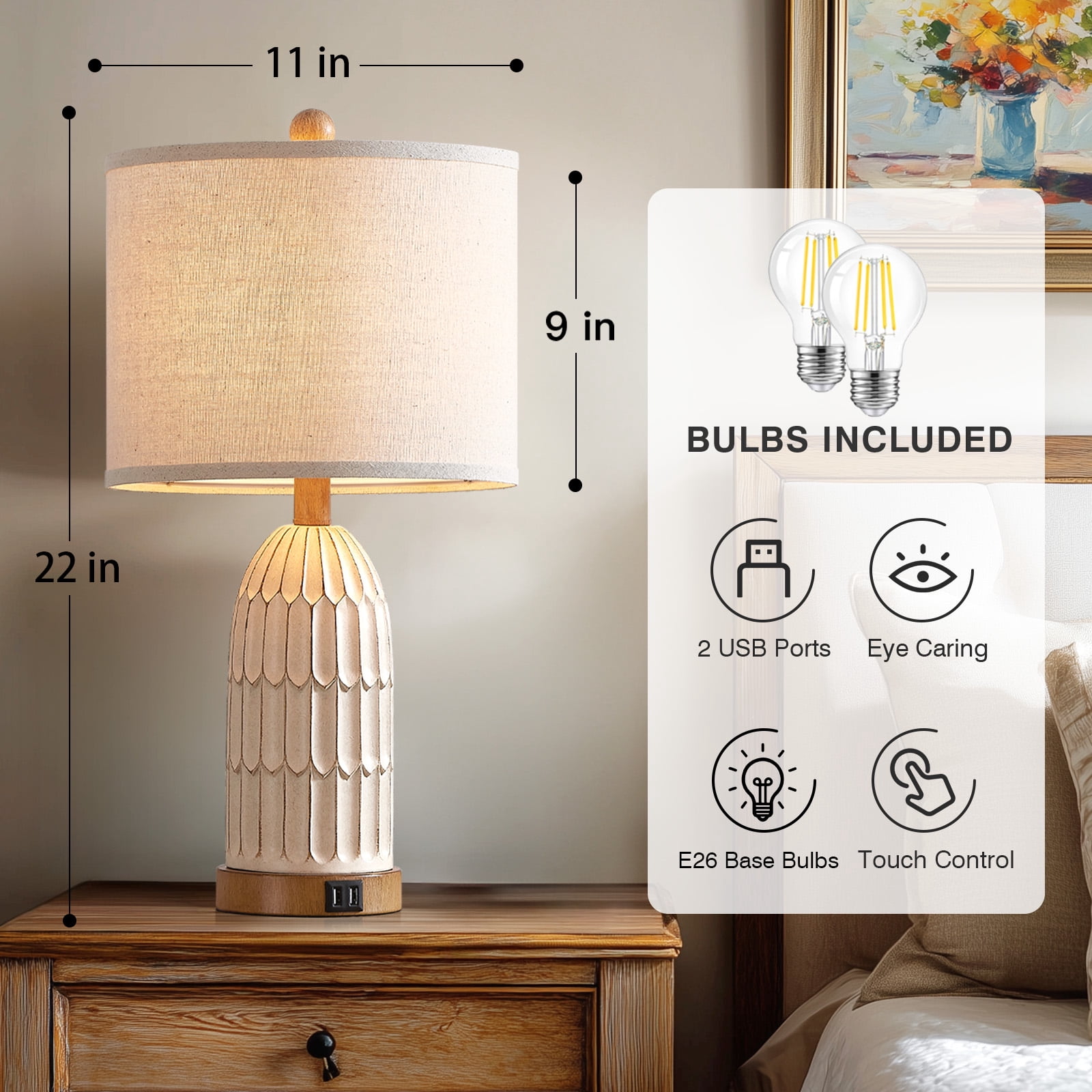 Lolikit Rustic 3-Way Dimmable Touch Table Lamps with USB Ports (Beige, 22 in, Set of 2) wt5mo