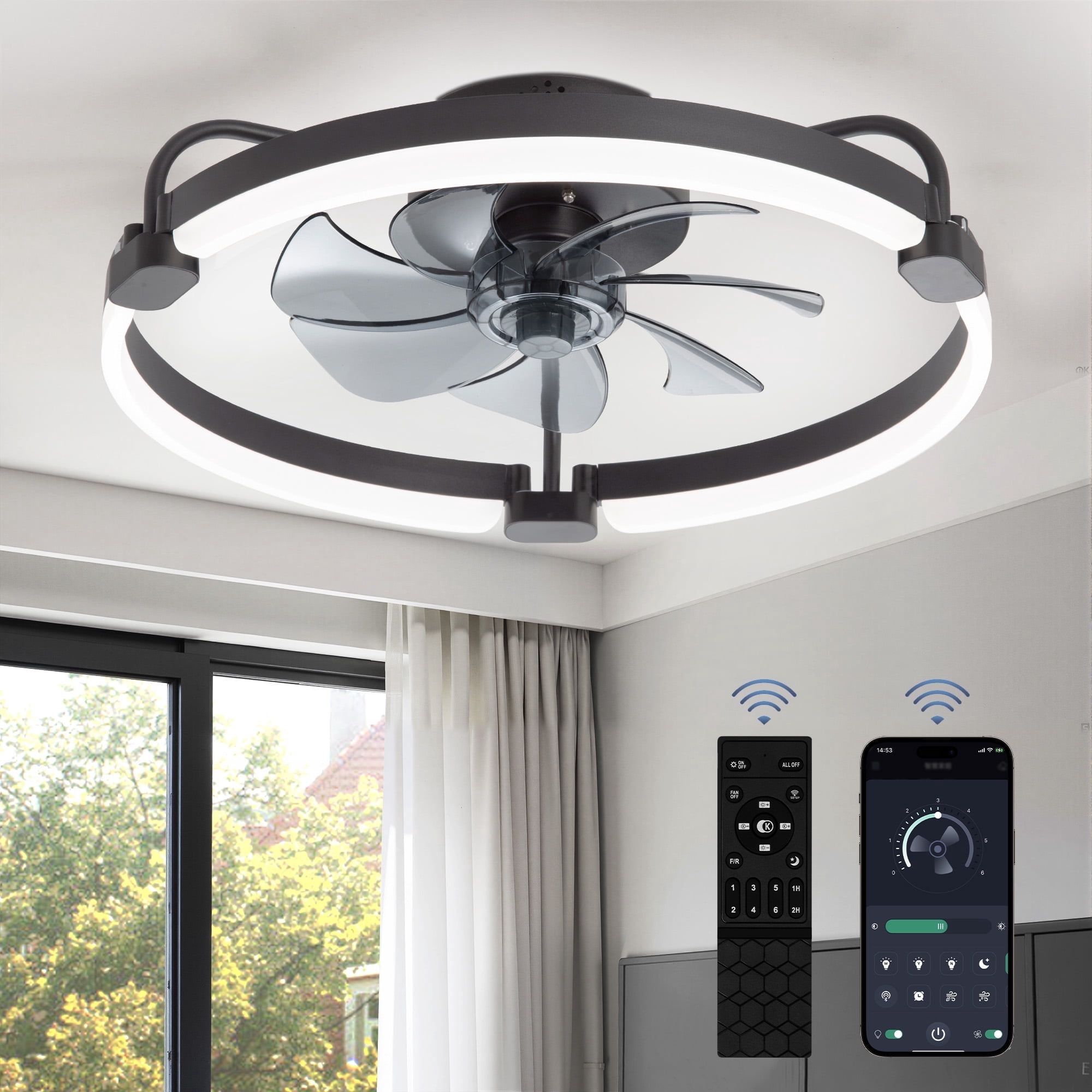 Zardon 20 in Flush Mount Ceiling Fan with LED Light and Remote Control (Black, 20 in) n2ly7