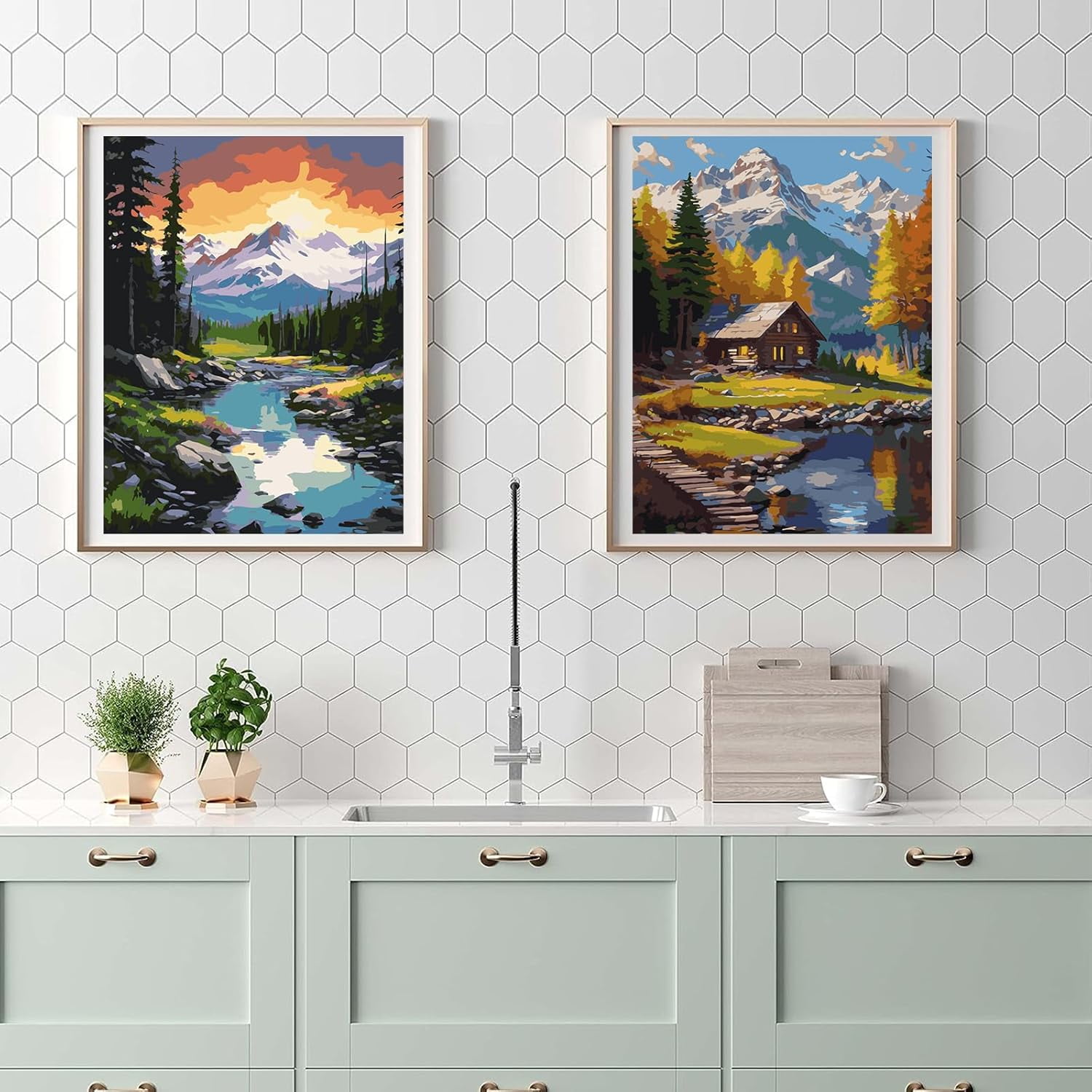 Qoosea Paint by Numbers Kit for Adults with Frame and Wooden Easel, DIY Landscape Art Set (4 Pack, 11.8 in x 9.4 in) wa0uo