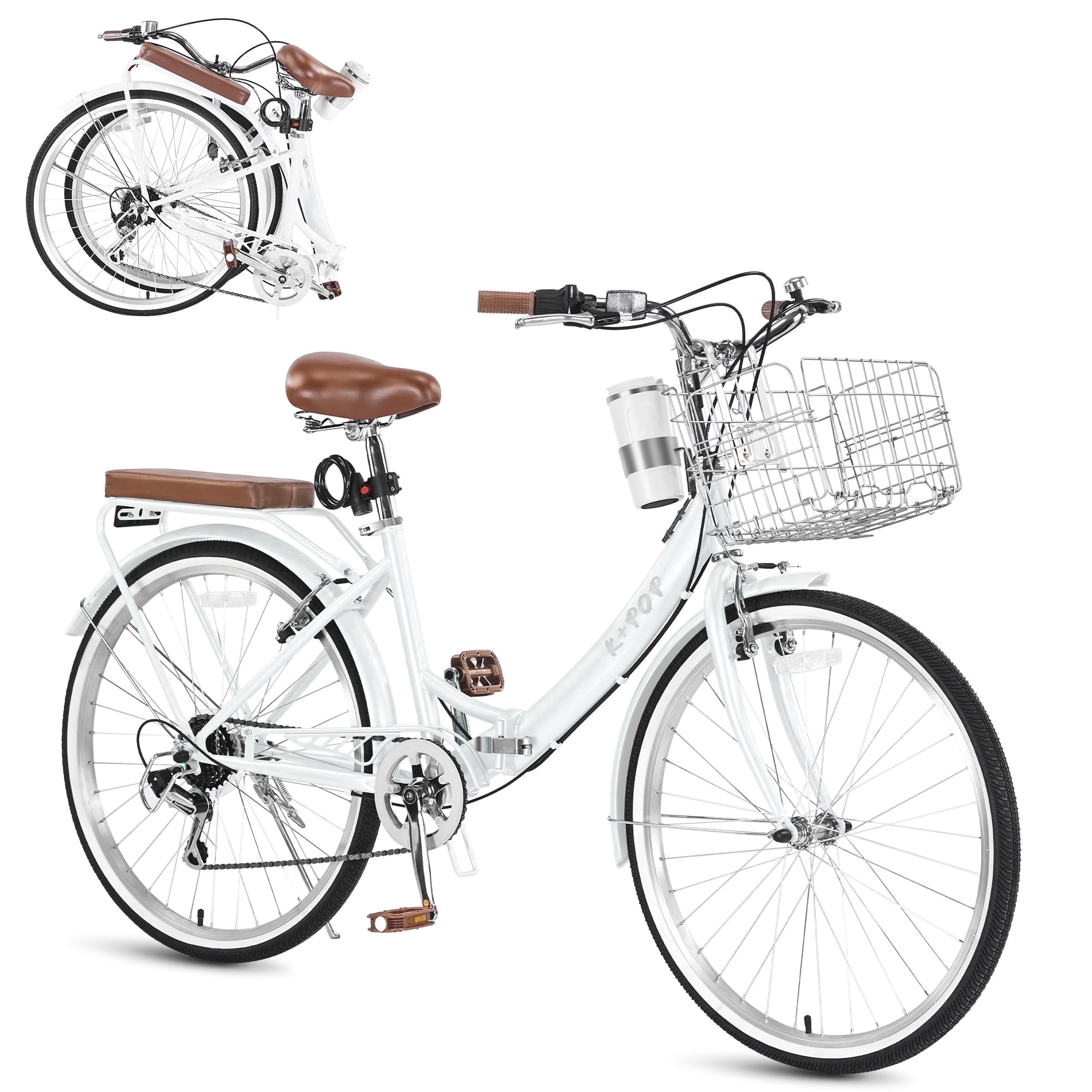 Bstjewey Folding Beach Cruiser Bicycle for Women, 7-Speed Commuter Bike (White, 26 in) azp2c