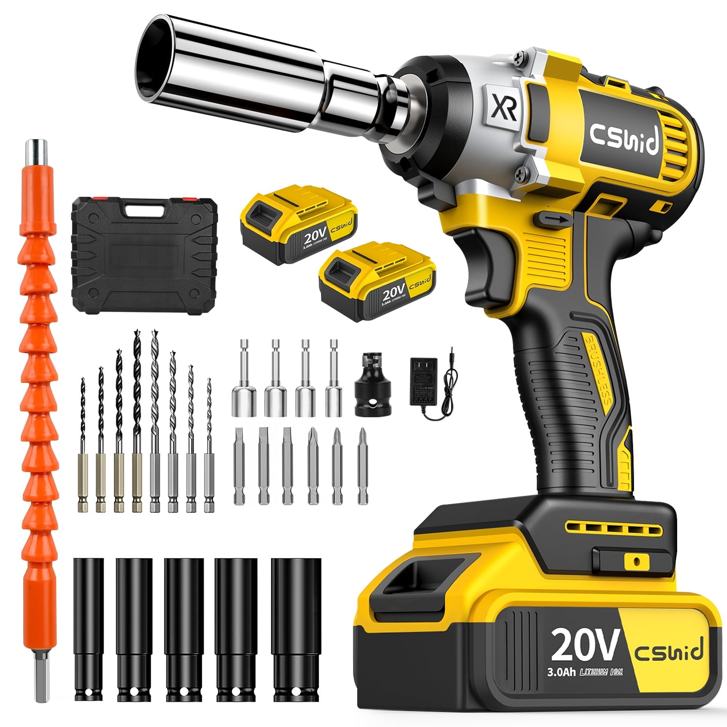 Cshidworld 20V Cordless Impact Wrench (1/2 in, 280 ft-lbs, 2 Batteries, 19-Piece Accessory Set, Yellow) trnh8