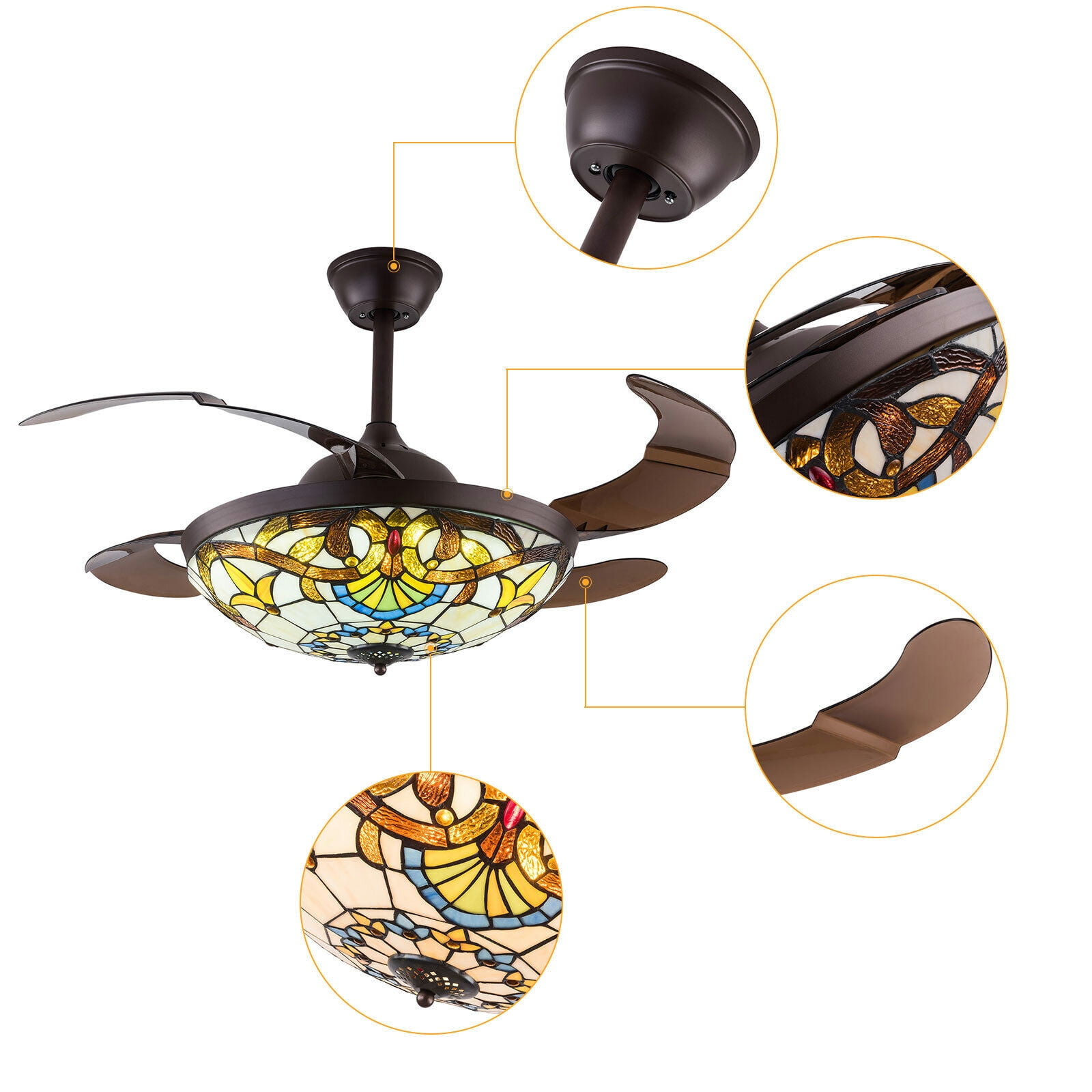TFCFL 42 in Tiffany Ceiling Fan with LED Light and Retractable Blades (Multicolor, 42 in) or3w6