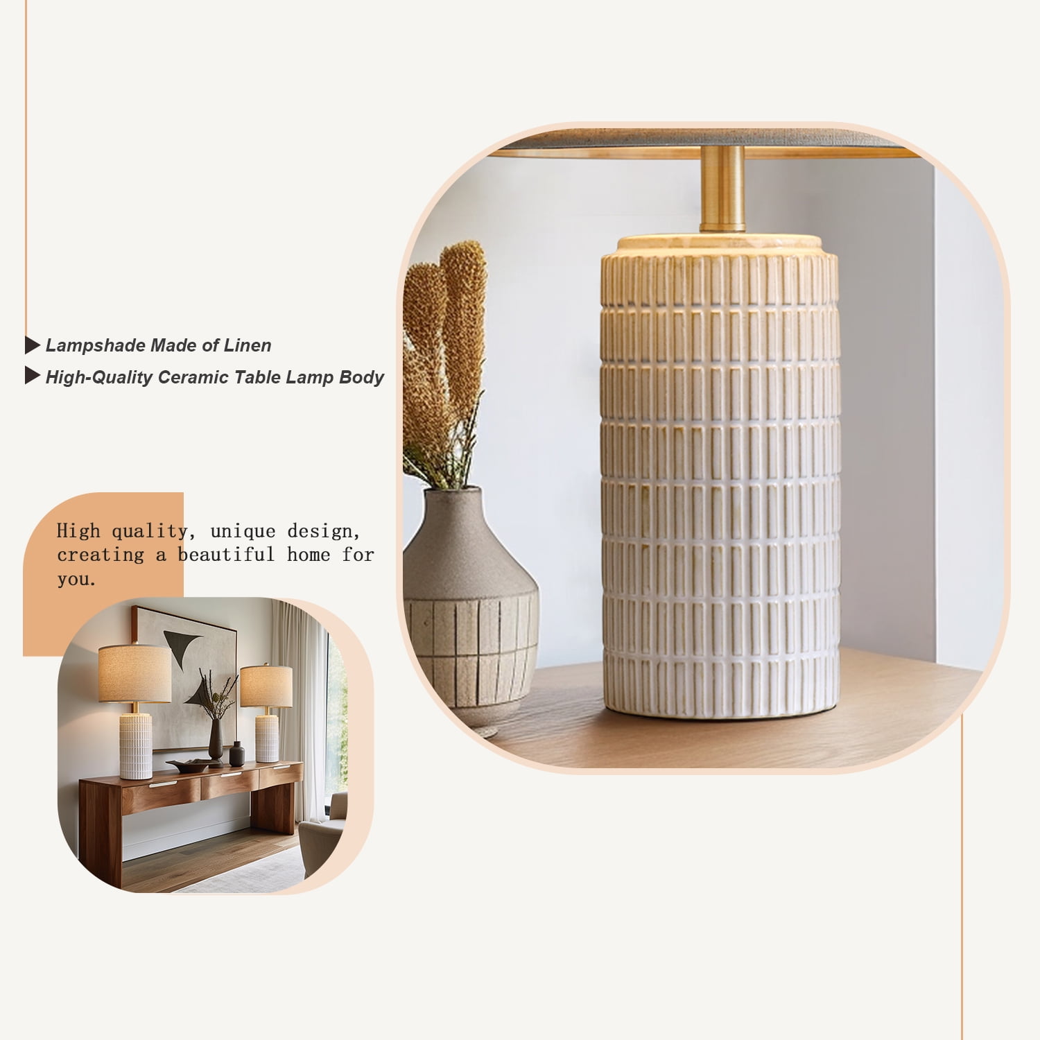 Oneach Ceramic Table Lamps Set of 2, Rustic Bedside Nightstand Lighting with Linen Shades (White, 23 in) 5a0kk