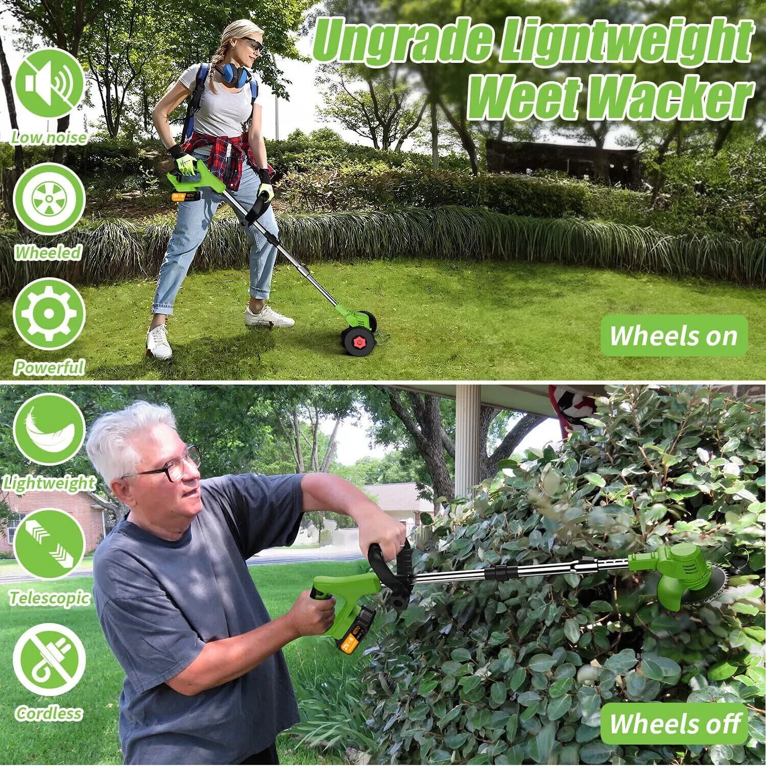 LEXKUYI Electric Cordless Weed Wacker, 48V Battery Powered Grass Trimmer with 2 Batteries & 3 Cutting Blades (Green, 47.2 in) r71wm
