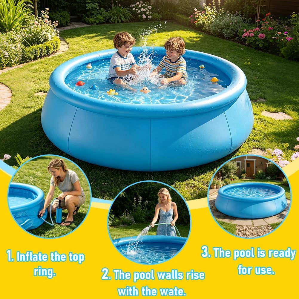Kimicare Inflatable Swimming Pool for Kids and Adults, Heavy-Duty Outdoor Backyard Pool (Blue, 8 ft x 25 in) 53od8