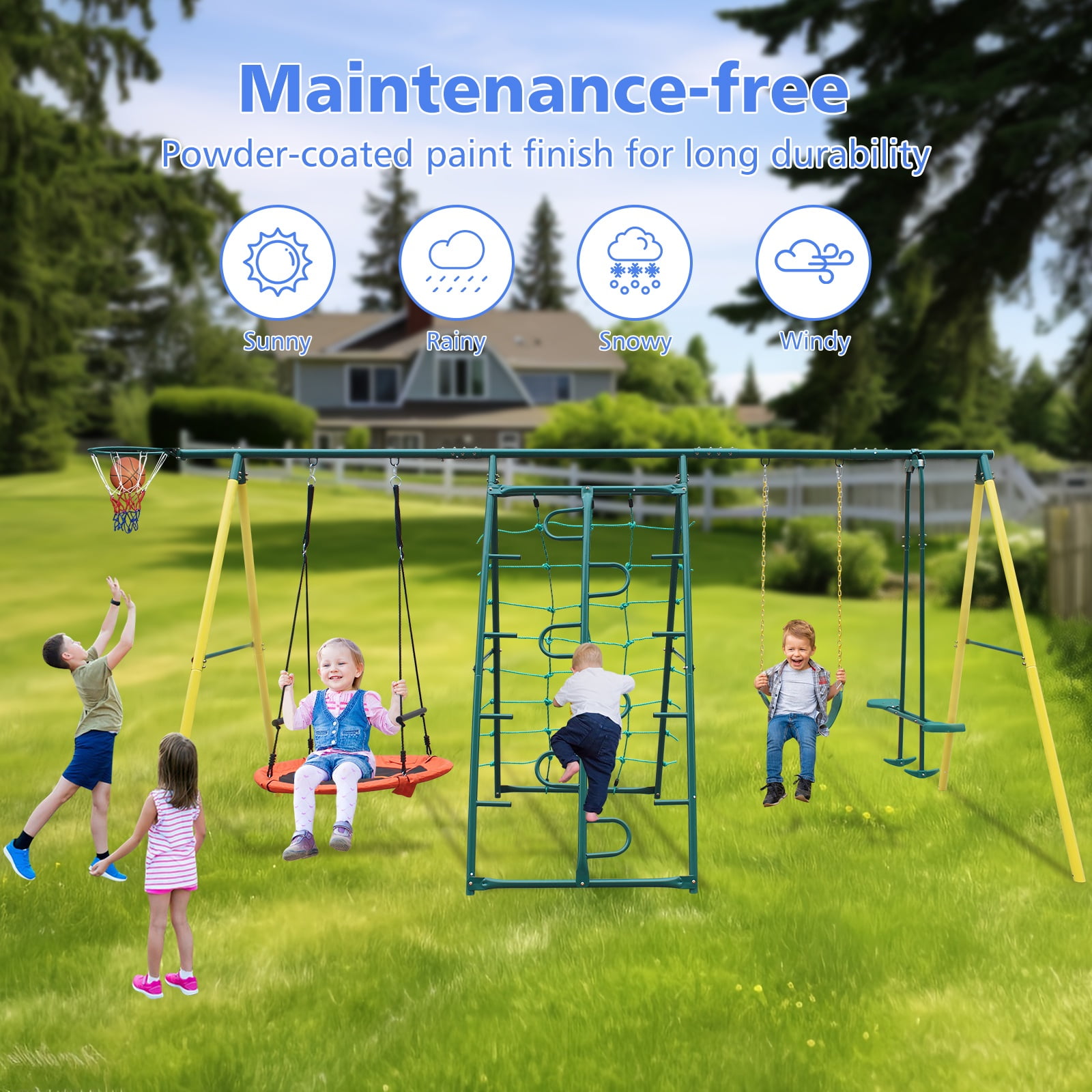 Segmart 6-in-1 Backyard Swing Set with Climbing Ladder, Saucer Swing, and Basketball Hoop (Yellow) qm1zf