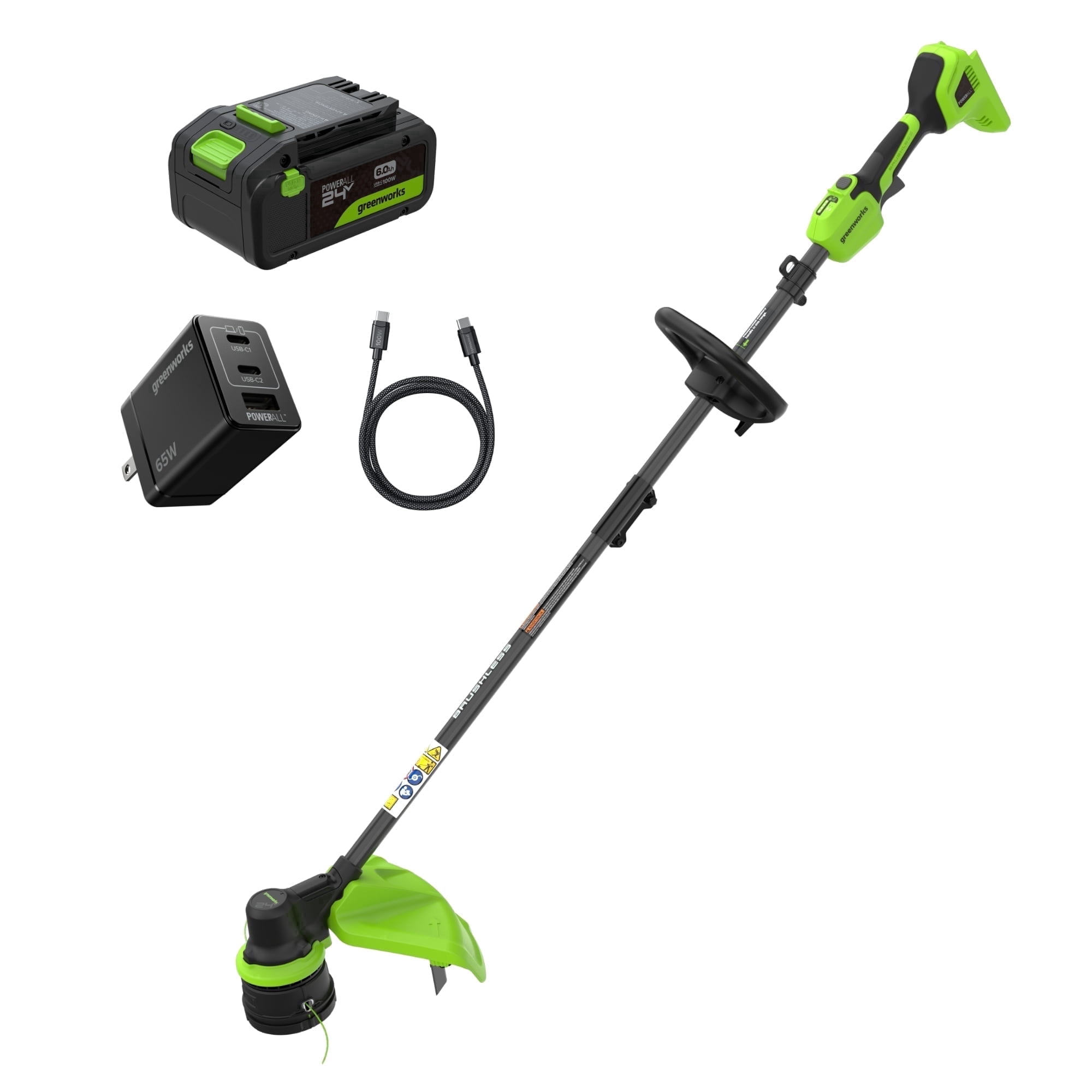 Greenworks 24V 15-in Brushless String Trimmer with 6.0Ah Battery and 65W USB-C Charger (Green, 15-in) h387y
