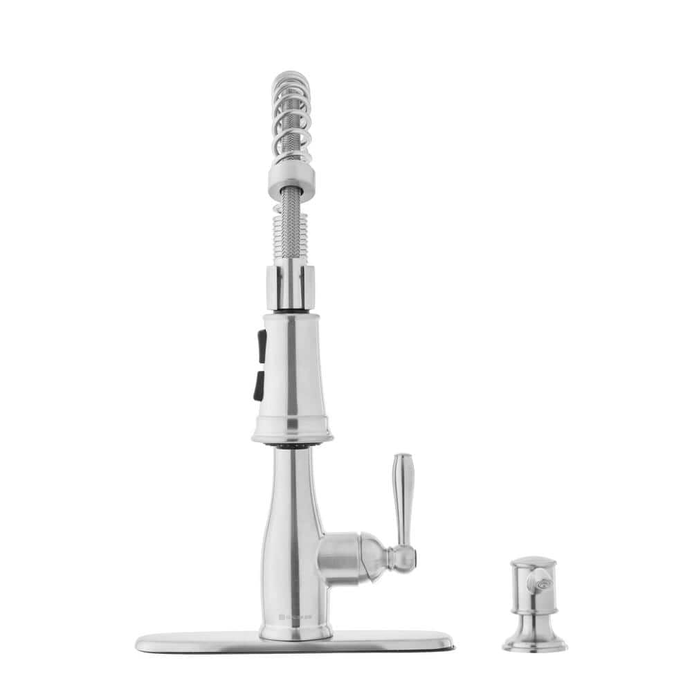 Glacier Bay Mandouri Single Handle Spring Neck Pull Down Kitchen Faucet with Soap Dispenser (Stainless Steel) aruyq