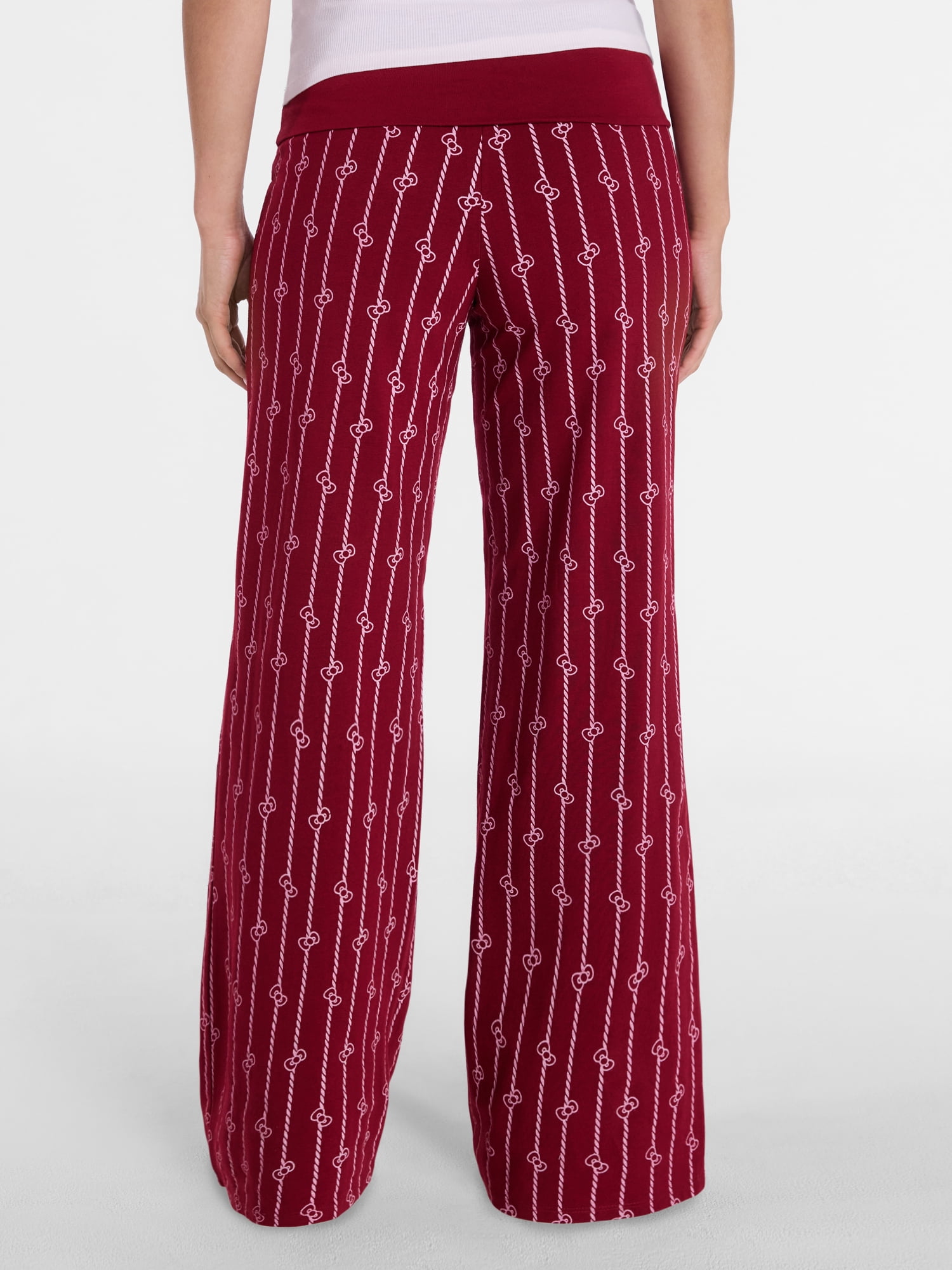 Hello Kitty Women’s Pinstripe Wide Leg Foldover Pants (Red, S) h72ky