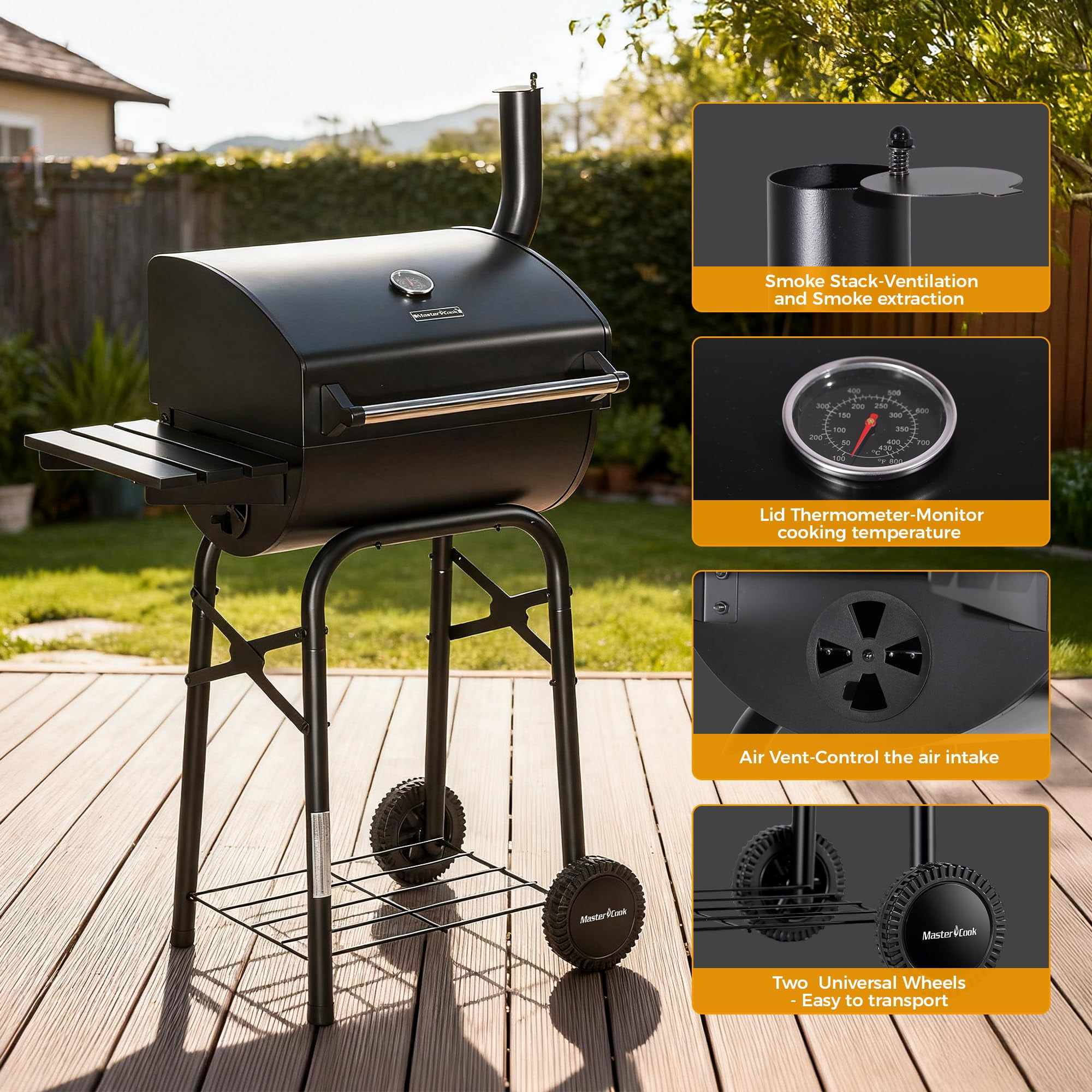 Master Cook Outdoor Barrel Charcoal Grill with Side Tables and Smoker (Black, 30 in) z33nm