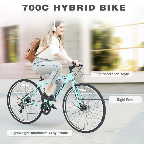 Aezusy 7-Speed Hybrid Road Bike, Lightweight Aluminum Alloy Frame, 700C Wheels (Green, Fits Riders 5'3"-5'8") 8m90f