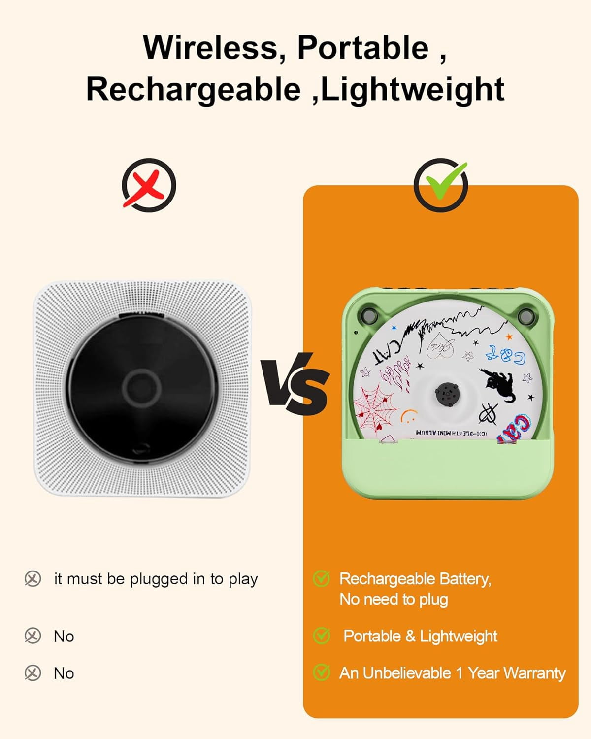 otnbgsr Portable CD Player with Bluetooth Dual Speakers Rechargeable Music Player (Green, 1 Pack) ccnm6