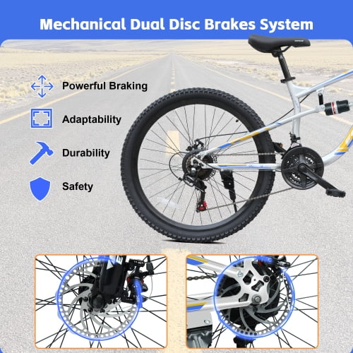 Harmie Mountain Bike Full Suspension 21-Speed Steel Frame Disc Brakes (Blue, 26 in) mz6qy