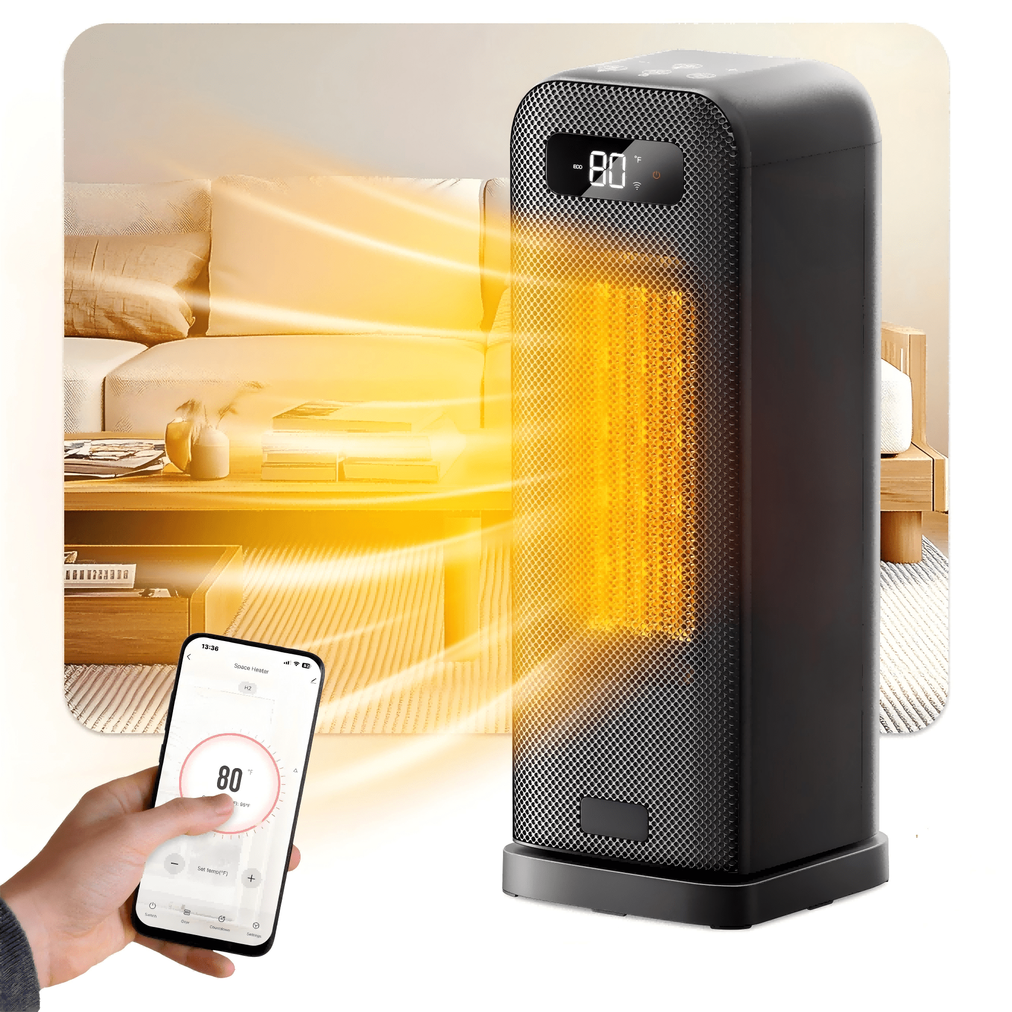 Initio Portable PTC Ceramic Space Heater, Fast Heating with Remote and App Control (Black) hibz0