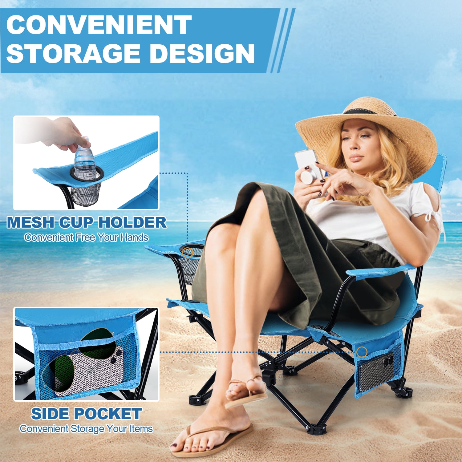 Coliware Folding Backpack Beach Chair, Heavy-Duty Portable Camping Chair with Cup Holder (Blue, 17.5 x 17.7 x 26.2 in) 21um3