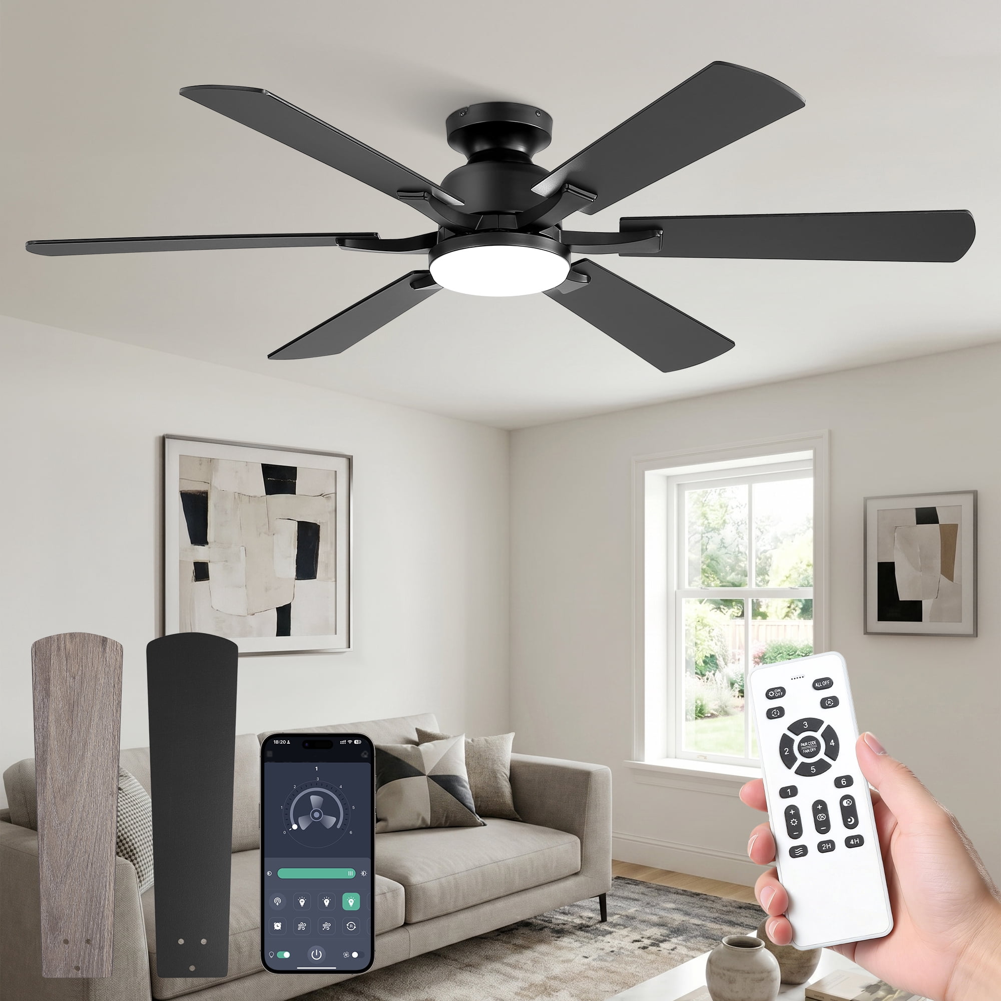 Lokivas 52in Ceiling Fan with Light and Remote Control, Flush Mount Reversible 6-Speed DC Motor Indoor Fan (Black, 52 in) f9u4d
