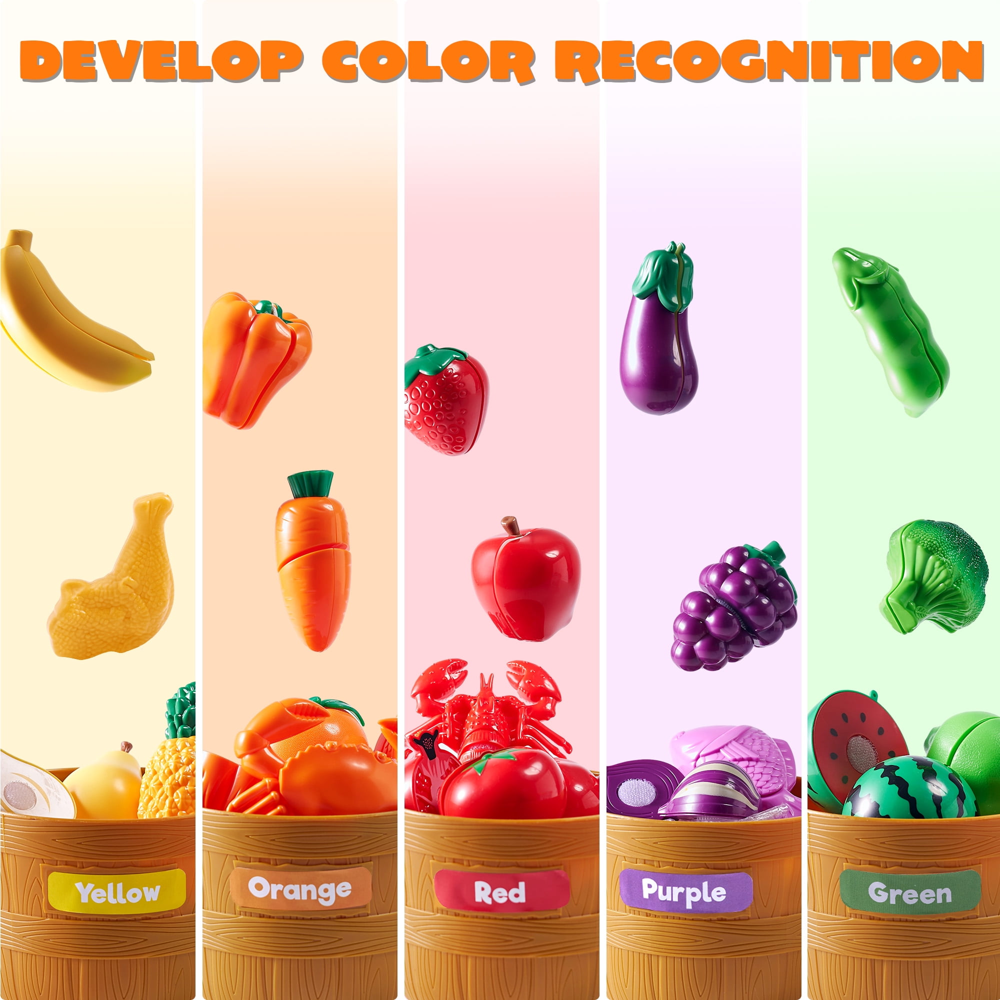 Joyfy 69-Piece Pretend Play Food Set for Kitchen, Educational Color Sorting & Cutting Toy (69 Pieces) angv4