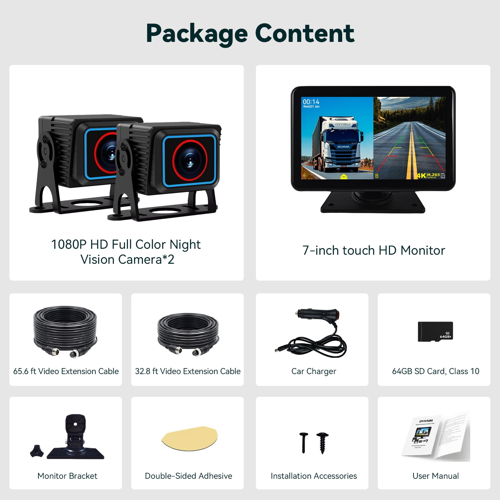 MHCBSR Wired Backup Camera System with 7-inch IPS Touchscreen Monitor and 64GB SD Card (Dual 1080P Cameras) b3auc