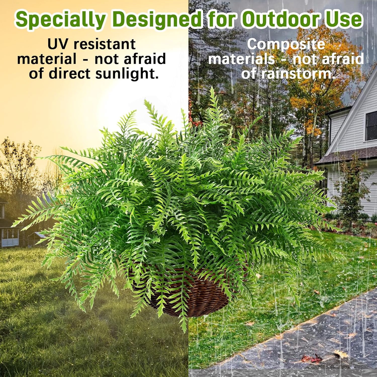 Yastouay Artificial Hanging Boston Ferns with Baskets, UV-Resistant Faux Plants for Indoor and Outdoor Home Porch Decor (Green, 2 Pcs, 17 in) xziwy
