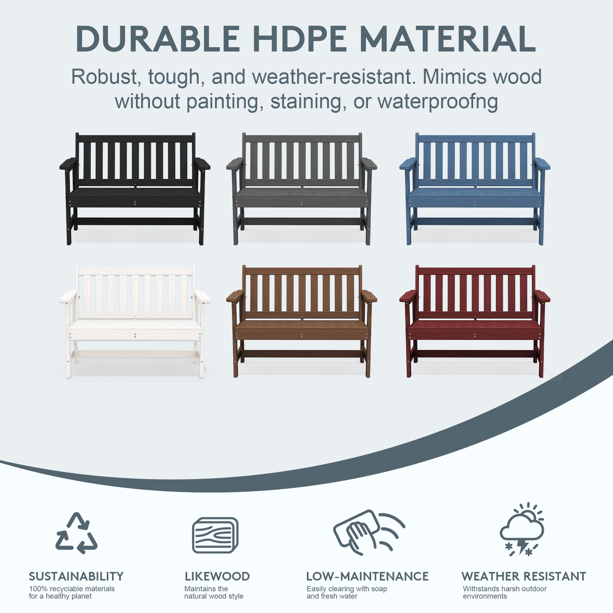 SERWALL Outdoor Patio Bench, Weather-Resistant HDPE 2-Person Garden Seating with Aluminum Reinforcement (Black, 48.82 in W) u8v4c