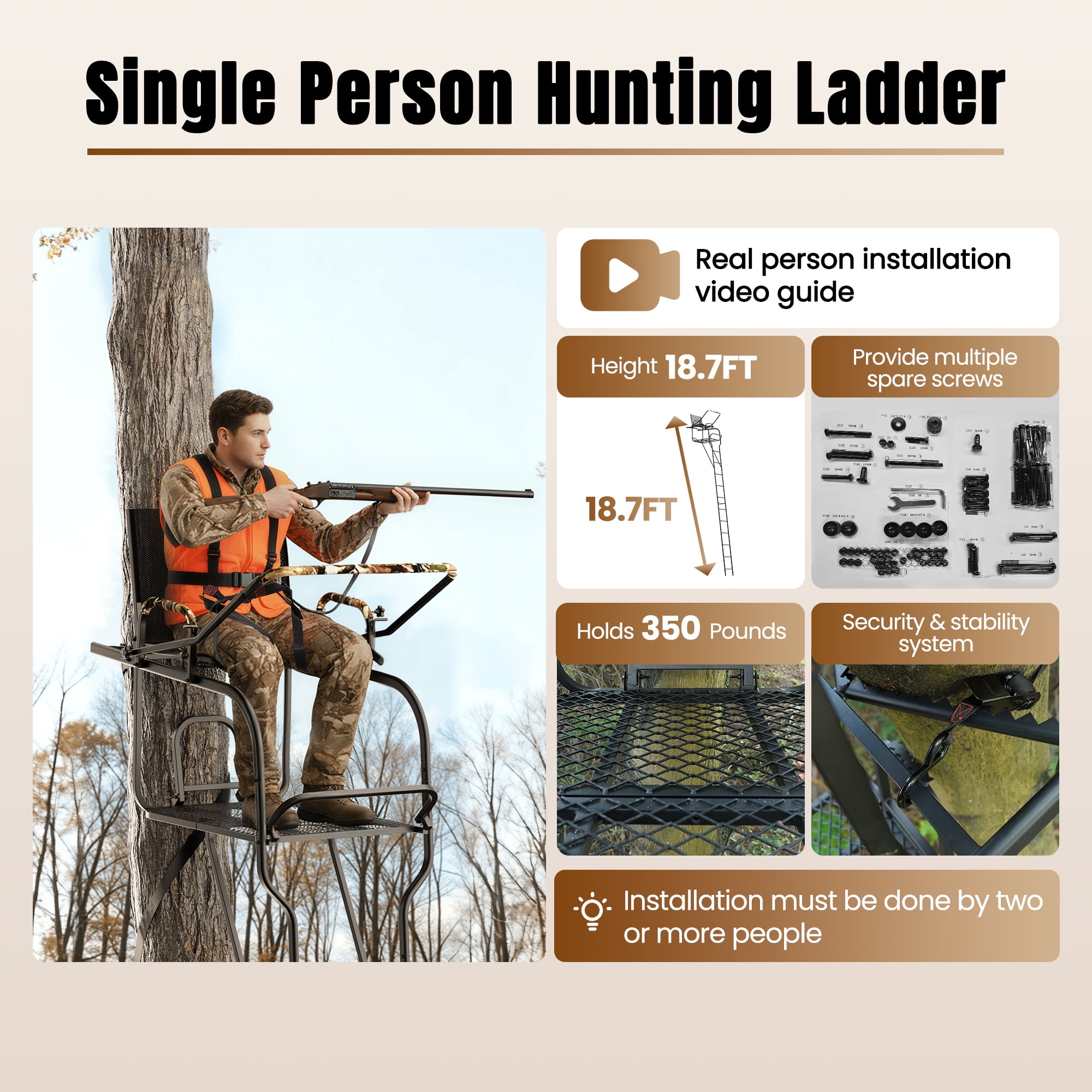Naipo 18.7 ft Hunting Ladder Stand with Adjustable Shooting Rail and Full Body Harness (Black, 350 lb) 6g0ps