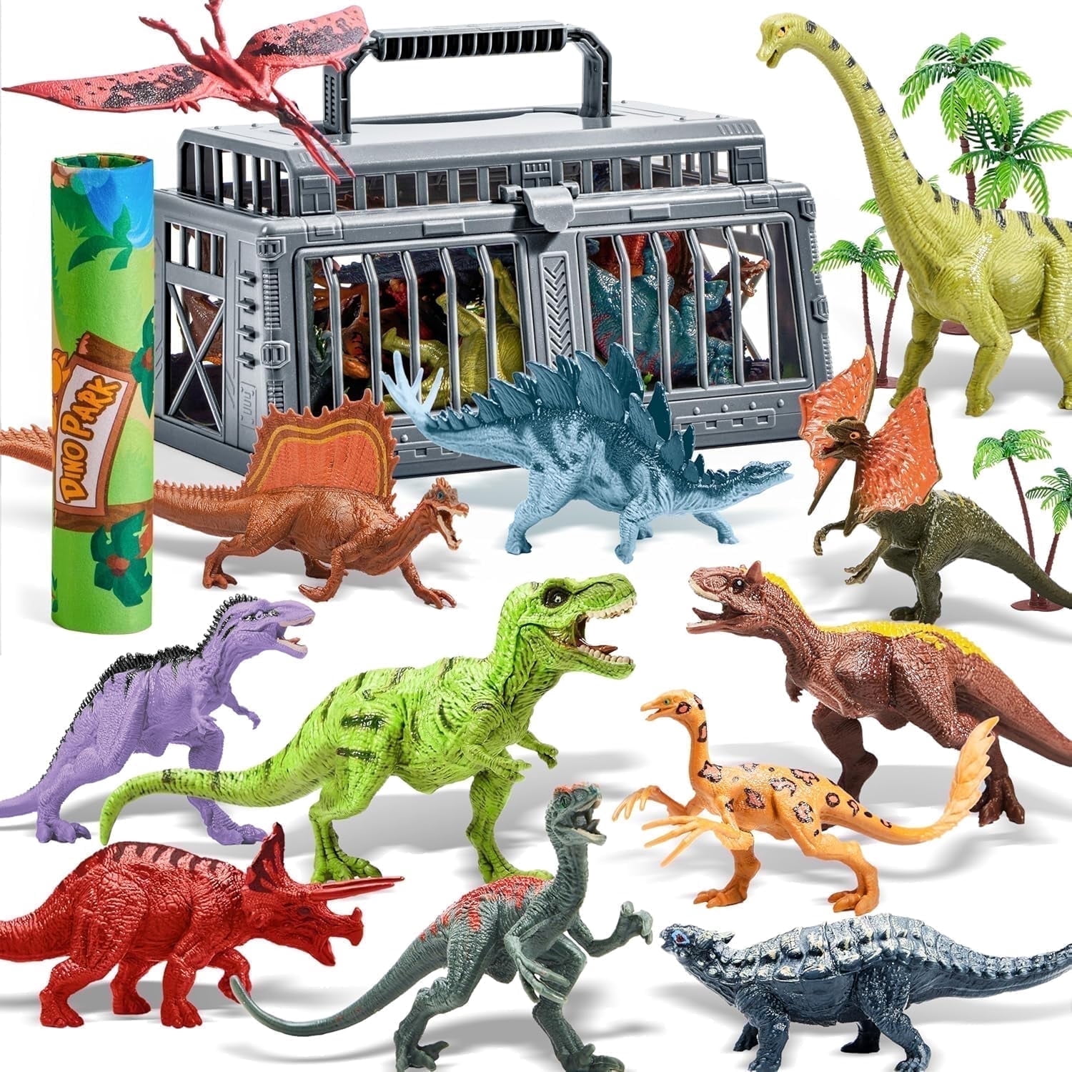 Joyfy 19-Piece Dinosaur Figure Playset with Activity Play Mat and Storage Cage (19 Pieces) r7l6l