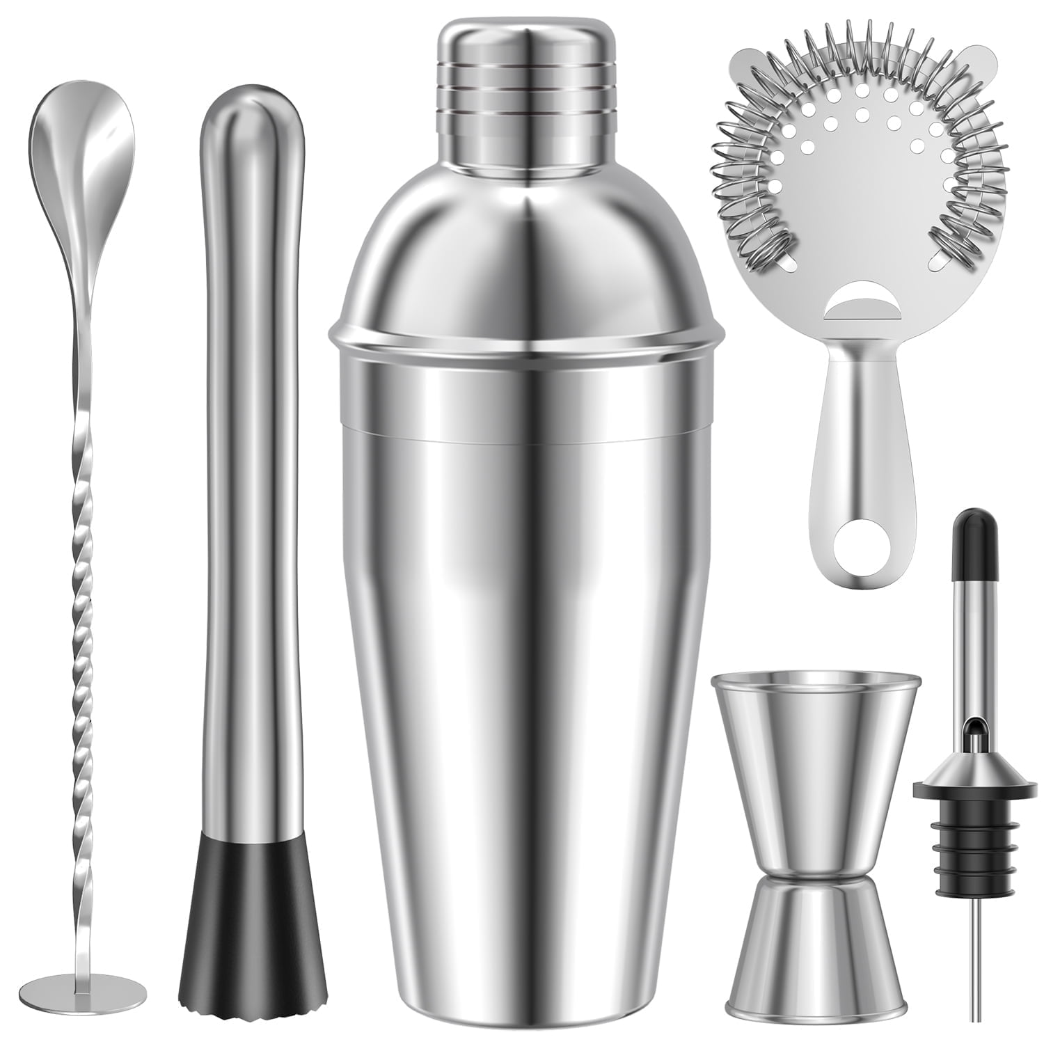 TINANA Stainless Steel Cocktail Shaker Set, Professional Bartender Kit with Bamboo Stand (Silver, 25 oz) p30f5