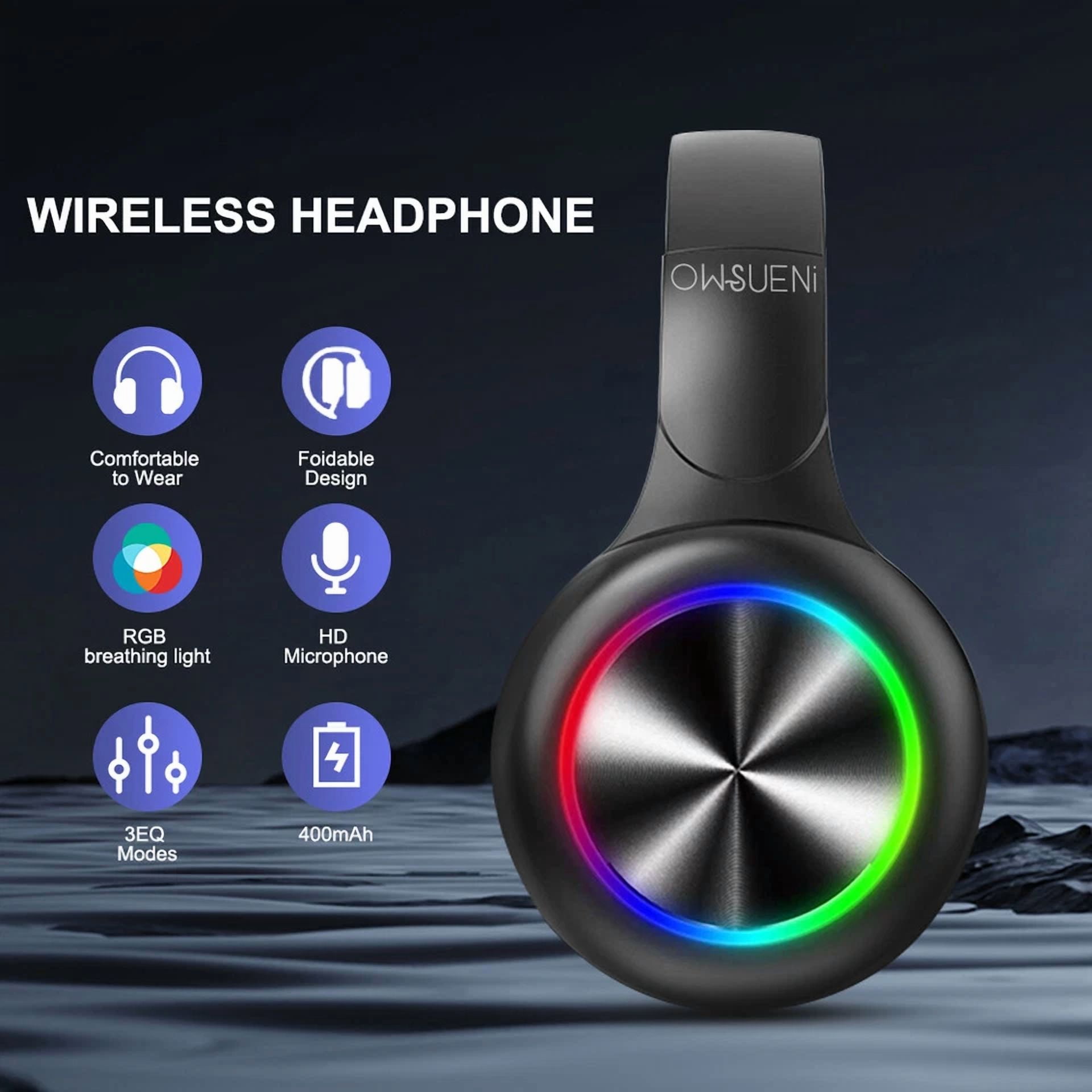 Rhea Wireless Bluetooth 5.3 Headphones with LED Lights and Built-in HD Microphone (Black, One Size) 0pyhe