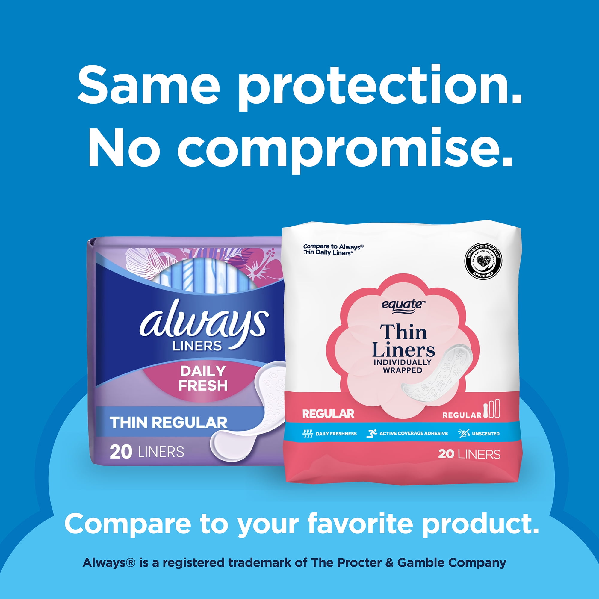 Equate Thin Panty Liners, Regular Length, Unscented, Individually Wrapped (20 Count) z8rak