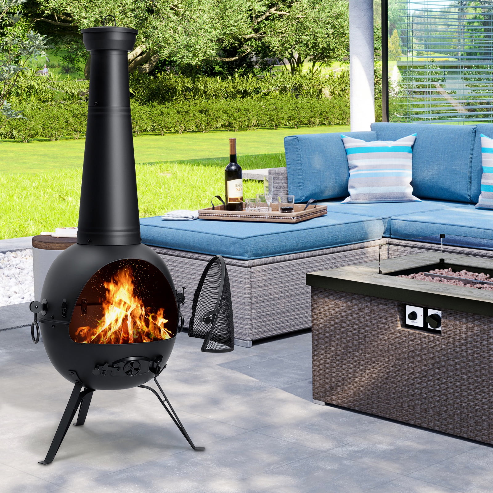 SinglyFire Outdoor Wood Burning Chiminea Fire Pit with Rain Cover and Mesh Door (Black, 54.5 in) x97fi