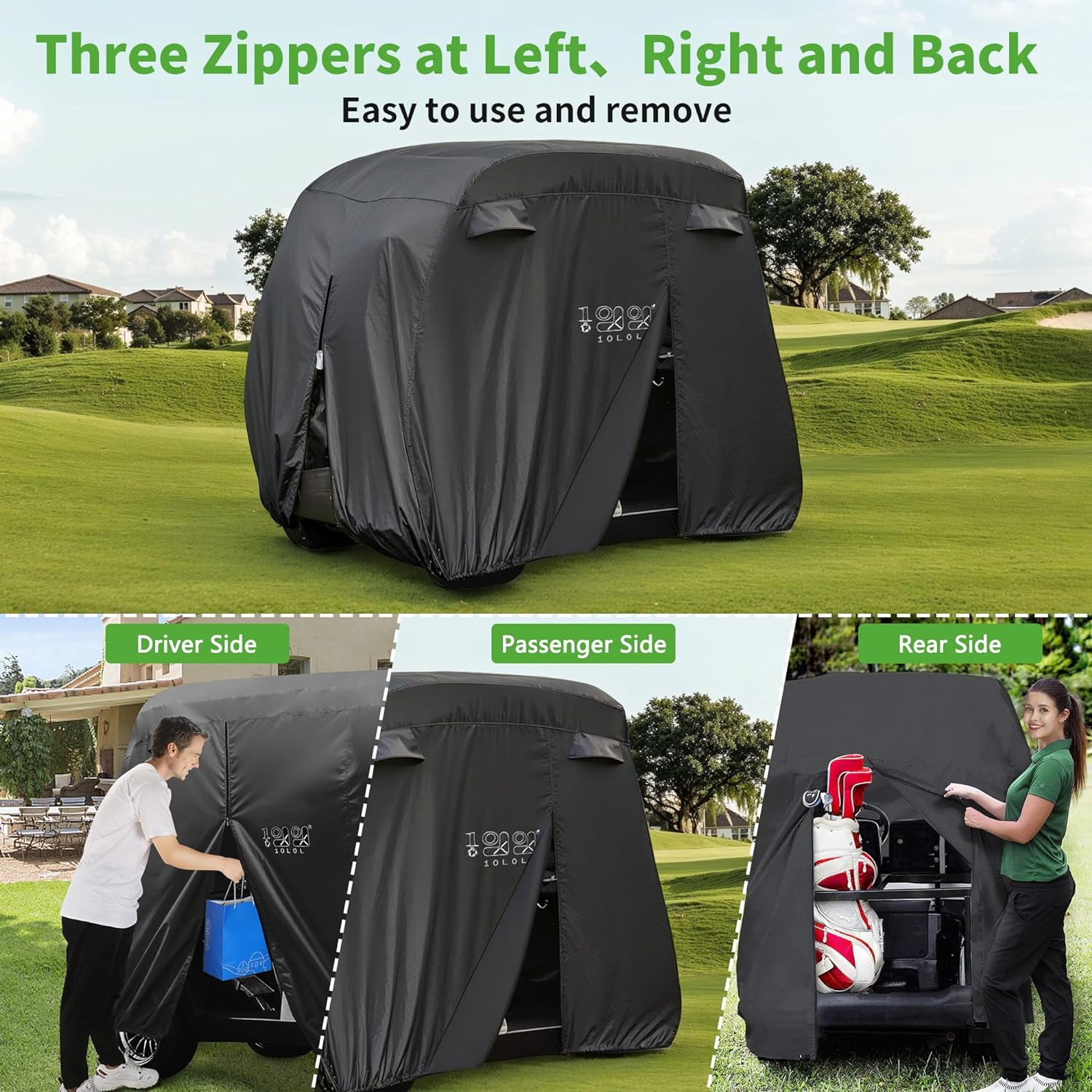 10L0L Golf Cart Cover for 4 Passenger Yamaha EZGO Club Car, Heavy-Duty Waterproof 420D Polyester Enclosure (Black, 80 in) z7icd