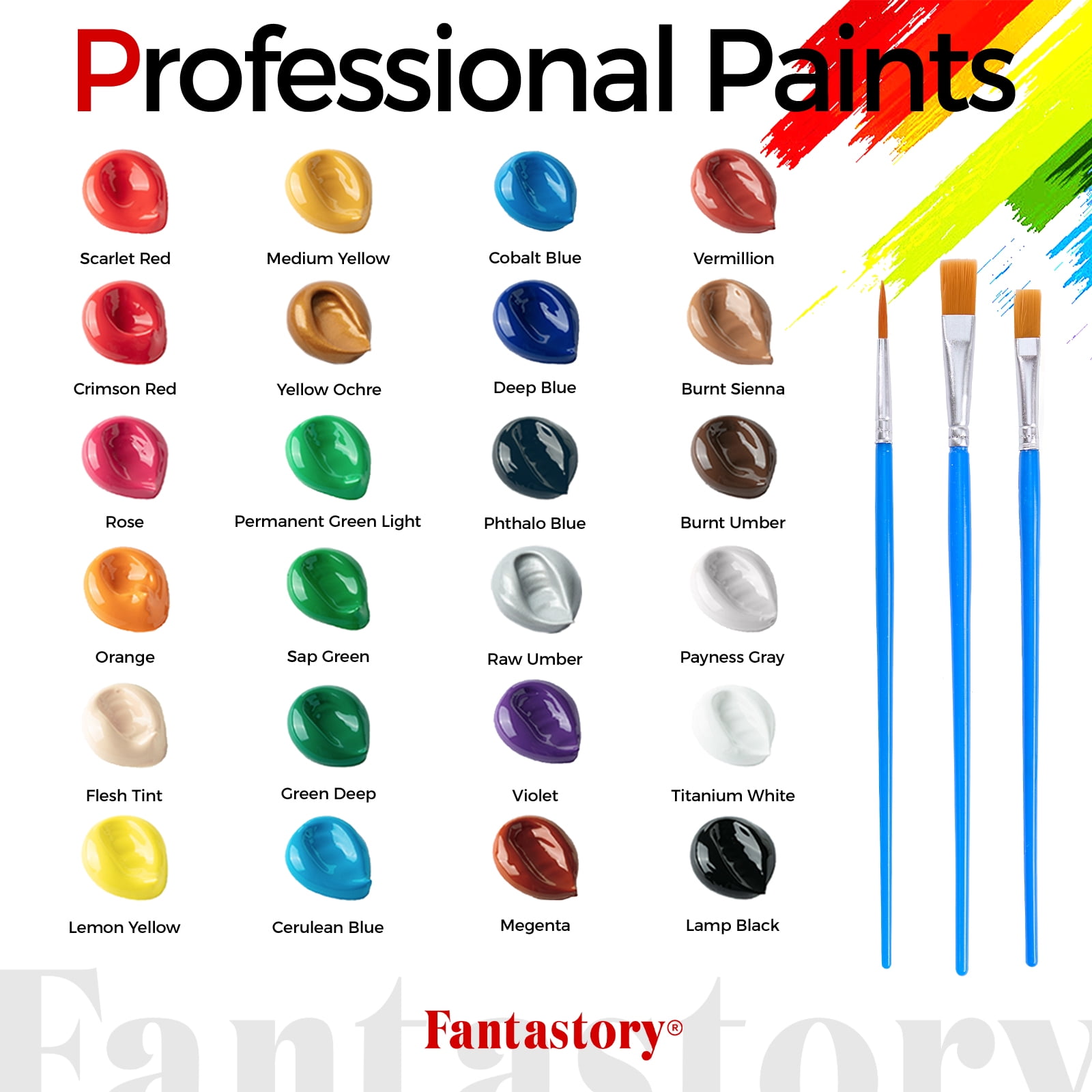 Fantastory Acrylic Paint Set, Professional Craft Art Supplies with 3 Brushes (24 Colors, 0.41 fl oz) e5r79