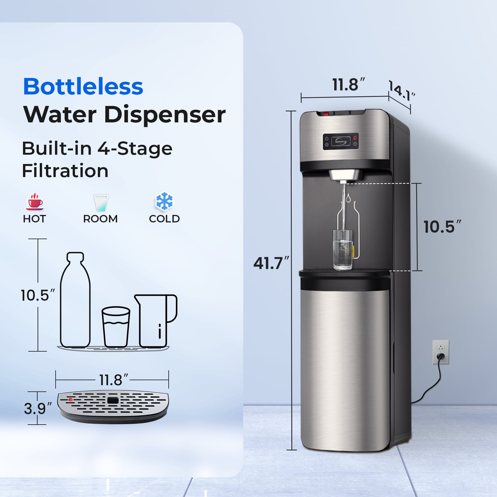 iSpring 4-Stage Filtration Water Dispenser with Self-Cleaning Function (Silver, 11.8 in x 14.1 in x 41.7 in) 3k7es