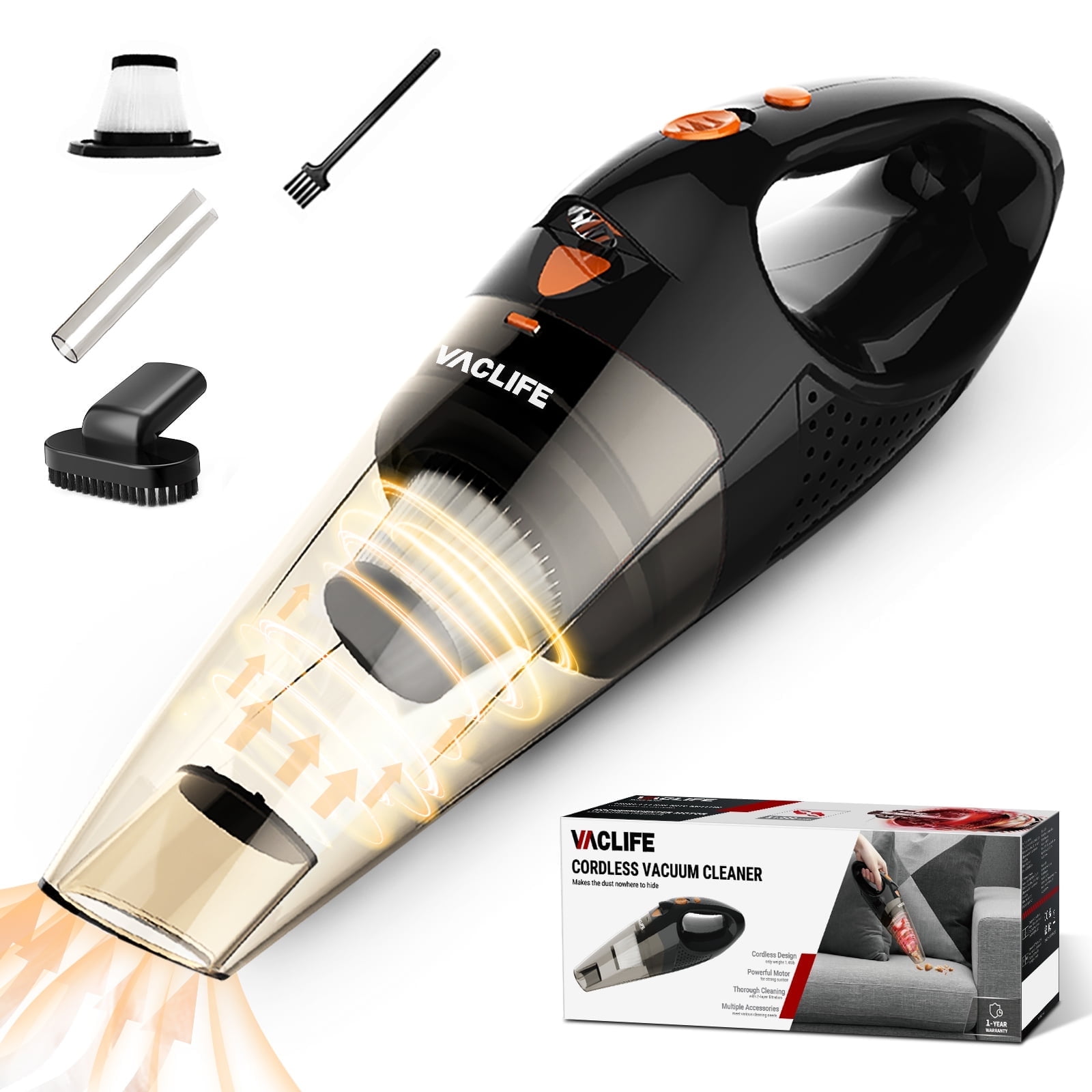 VacLife Handheld Vacuum Cordless Car Cleaner with HEPA Filter and LED Light (Orange, 1.46 lb) 3nkvo