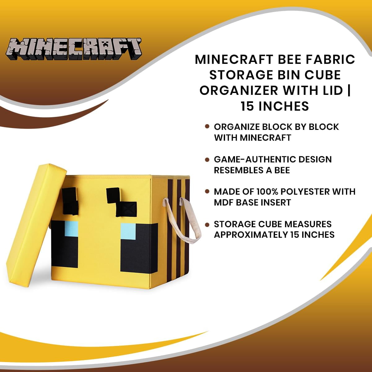 Minecraft Bee Fabric Storage Bin Cube Organizer with Lid (Yellow, 15 in) gi3cp