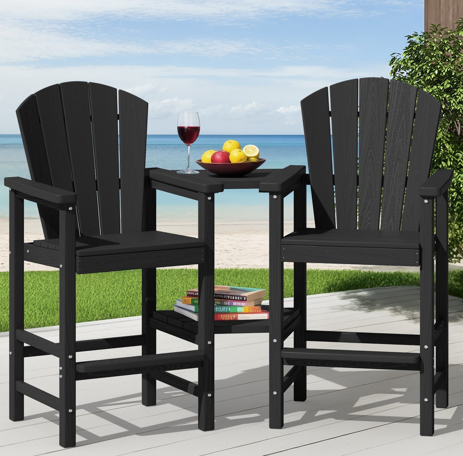 SERWALL Tall Adirondack Chairs Set of 2 with Connecting Tray, HDPE Bar Height Outdoor Patio Furniture (Black, 2-Pack) k23ih
