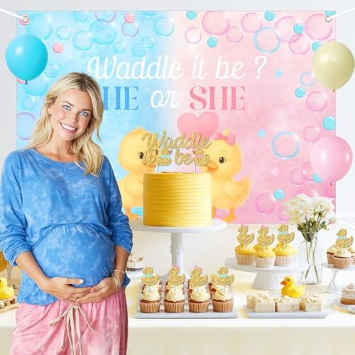 Duck Gender Reveal Party Decoration Set with Backdrop Banner Cake Toppers and Balloons (Blue and Pink, 1 Set) nxeic