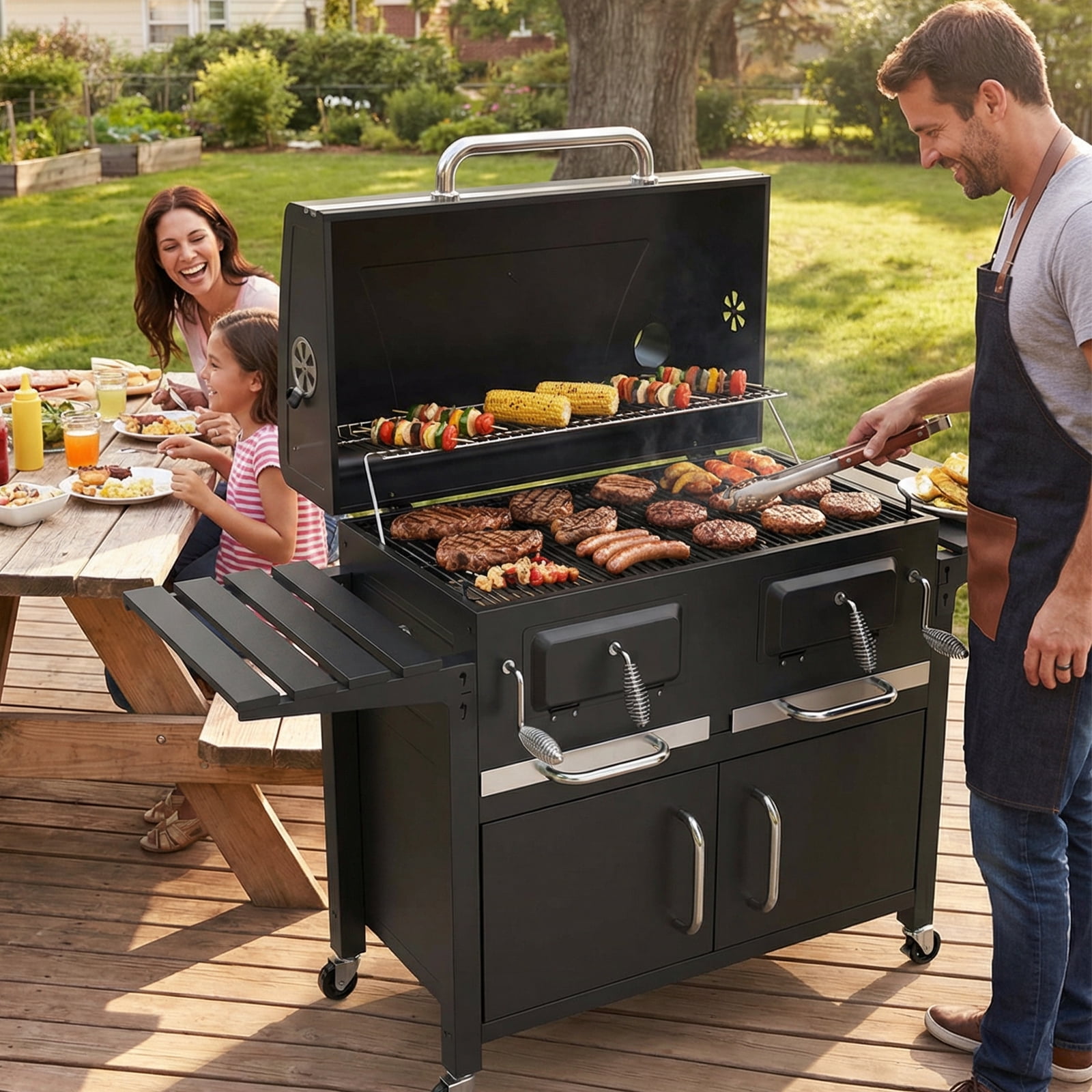Frizi Charcoal Grill Outdoor BBQ with Dual Adjustable Trays and Foldable Side Tables (Large) vxyb2