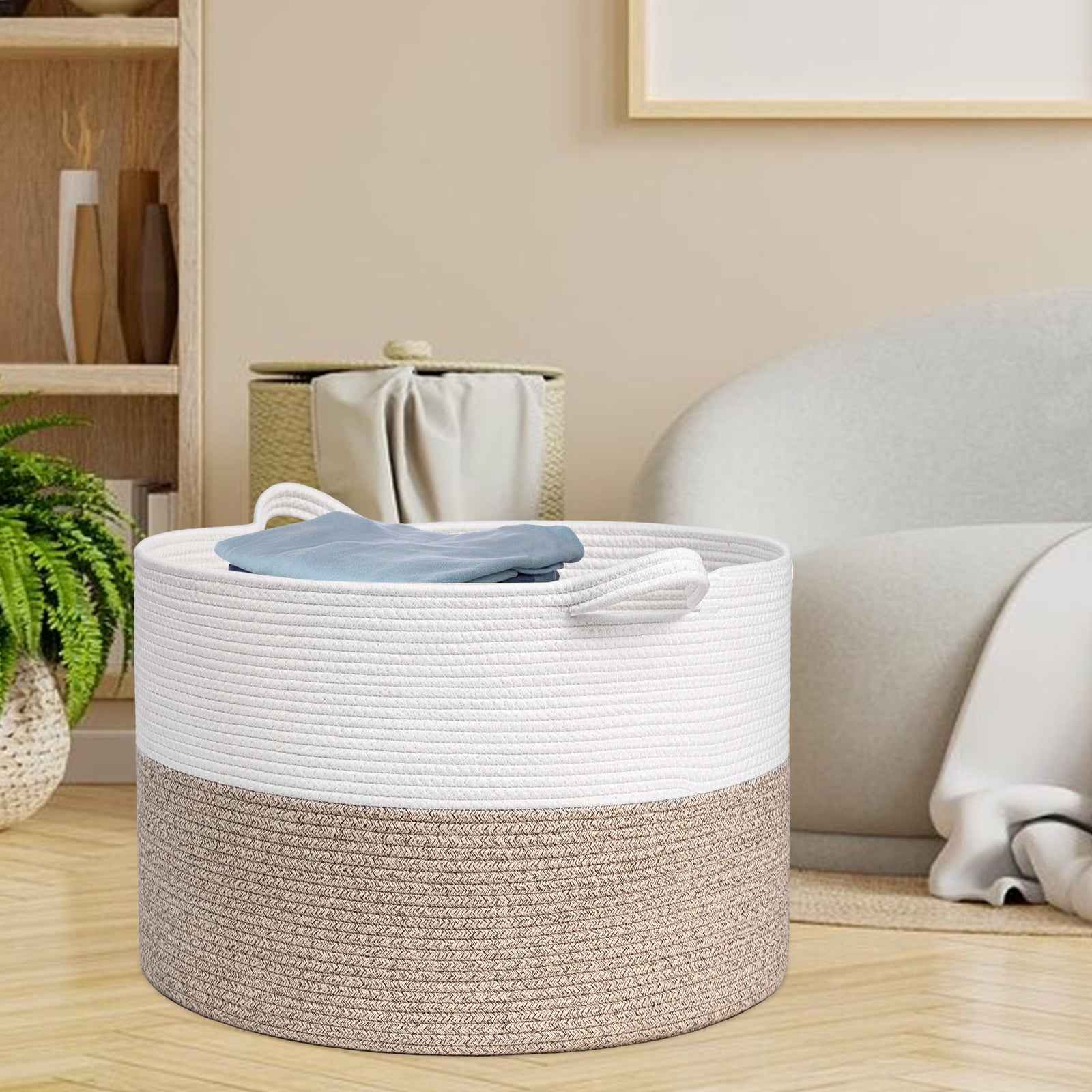 TINANA Large Woven Storage Basket with Handles for Organizing (White, 18 in x 15 in) urstf