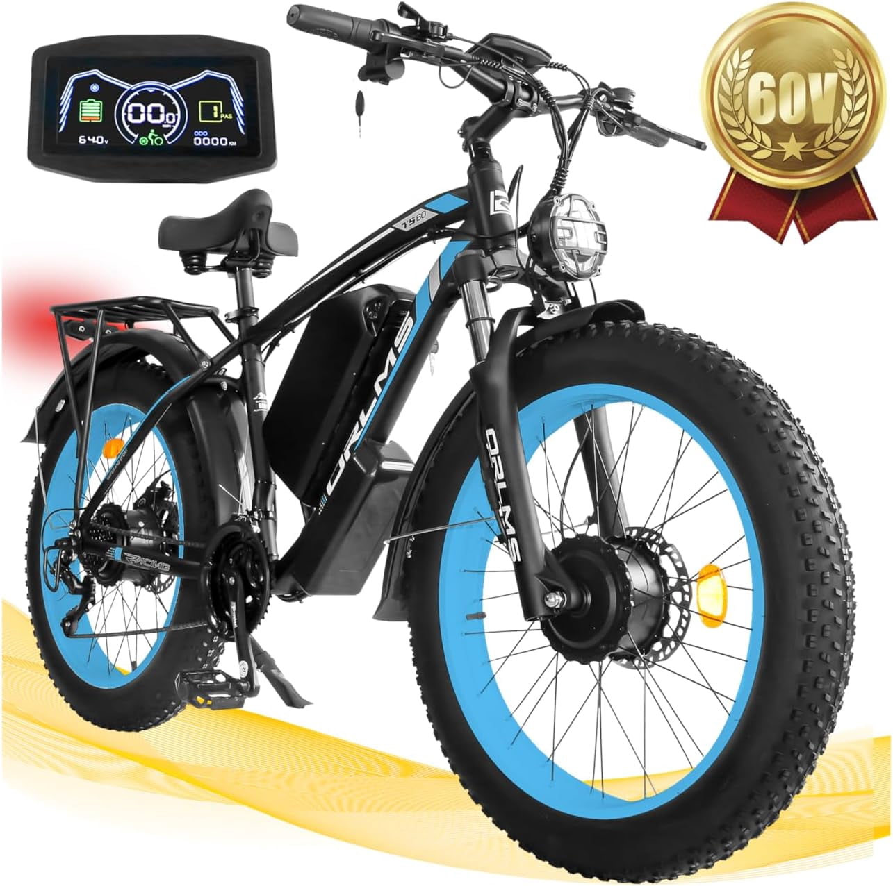 SMLRO Electric Mountain Bike, 5000W Dual-Motor AWD E-Bike, 26 in Fat Tire Off-Road Bicycle (Blue, 60V 25AH) upwri