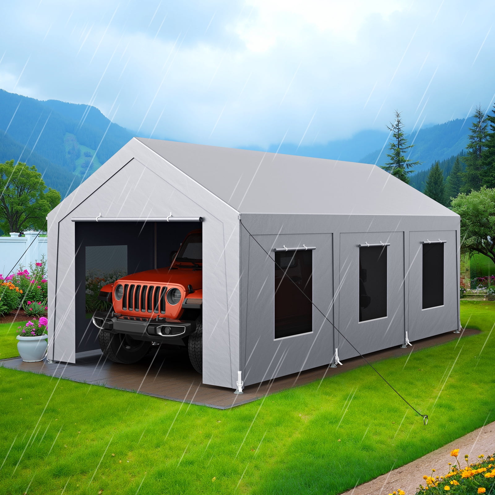 Vitarpatio Heavy Duty Carport Canopy, Reinforced Metal Portable Garage with 6 Roll-up Windows and Removable Sidewalls (Light Gray, 10x20 ft) 0trfm