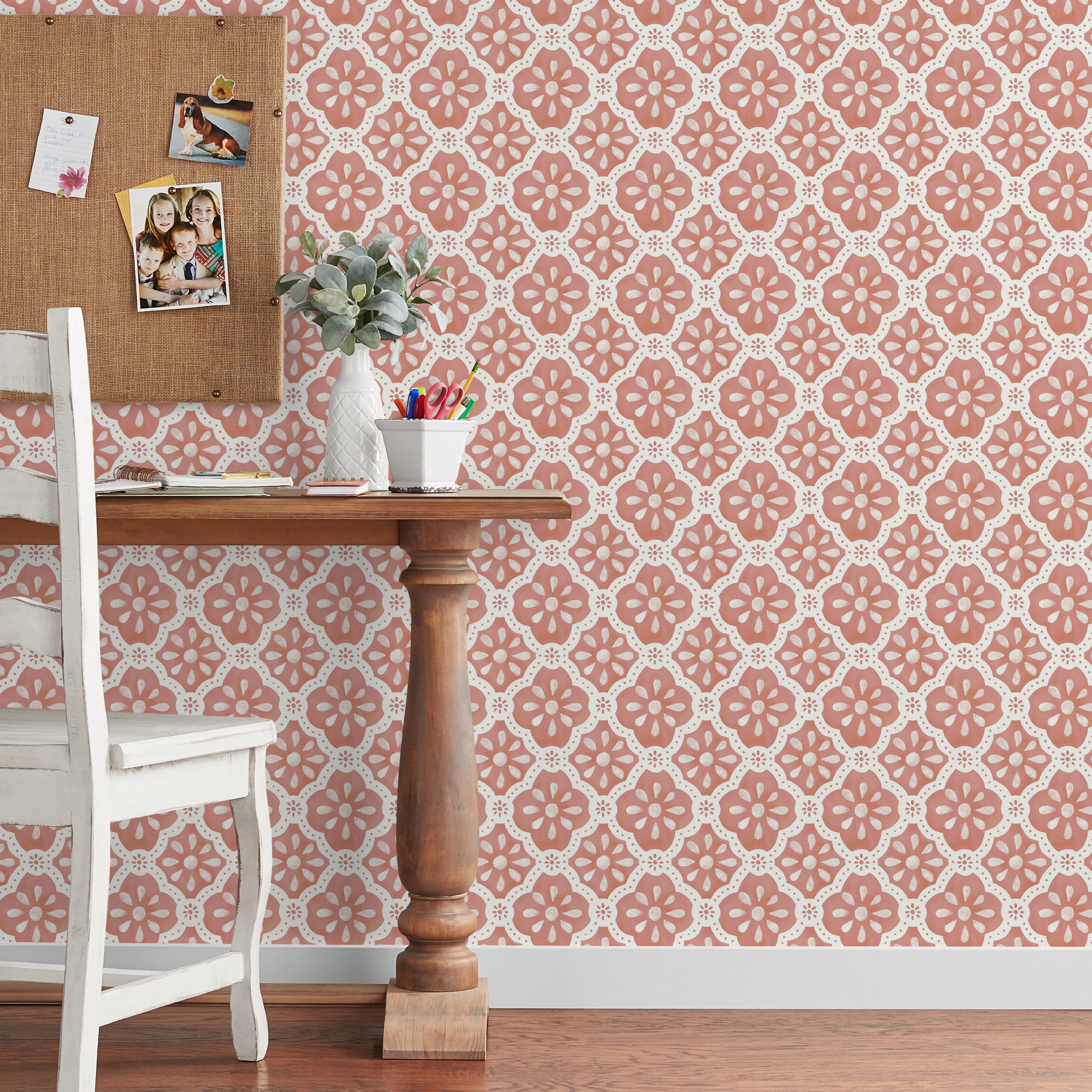 The Pioneer Woman Peel and Stick Wallpaper, Washy Trellis Pattern (Pink Salmon, 18 in x 18.86 ft) yuq33
