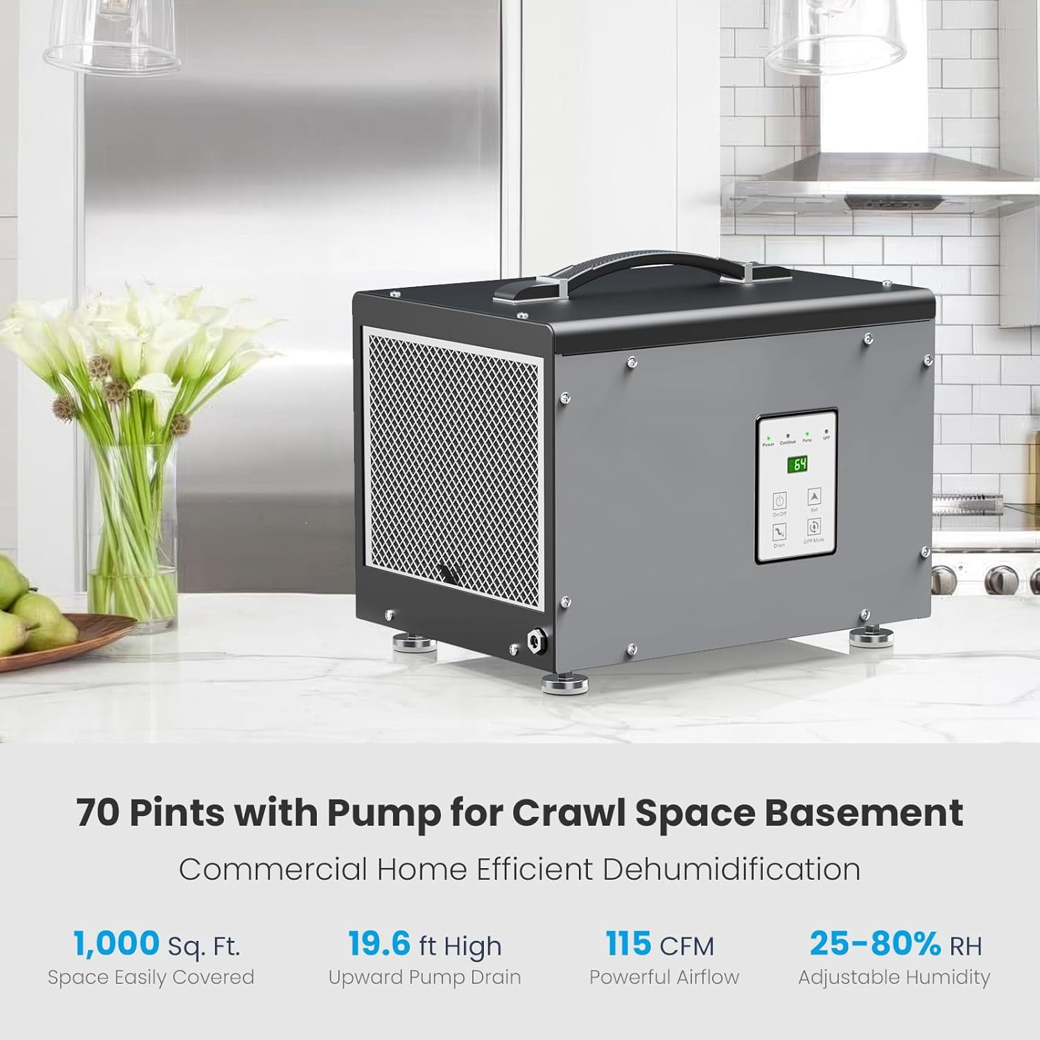 BaseAire 70 PPD Crawlspace Dehumidifier with Pump for Basements and Water Damage (Grey, 15.35 x 11.2 x 11.4 in) tj76a