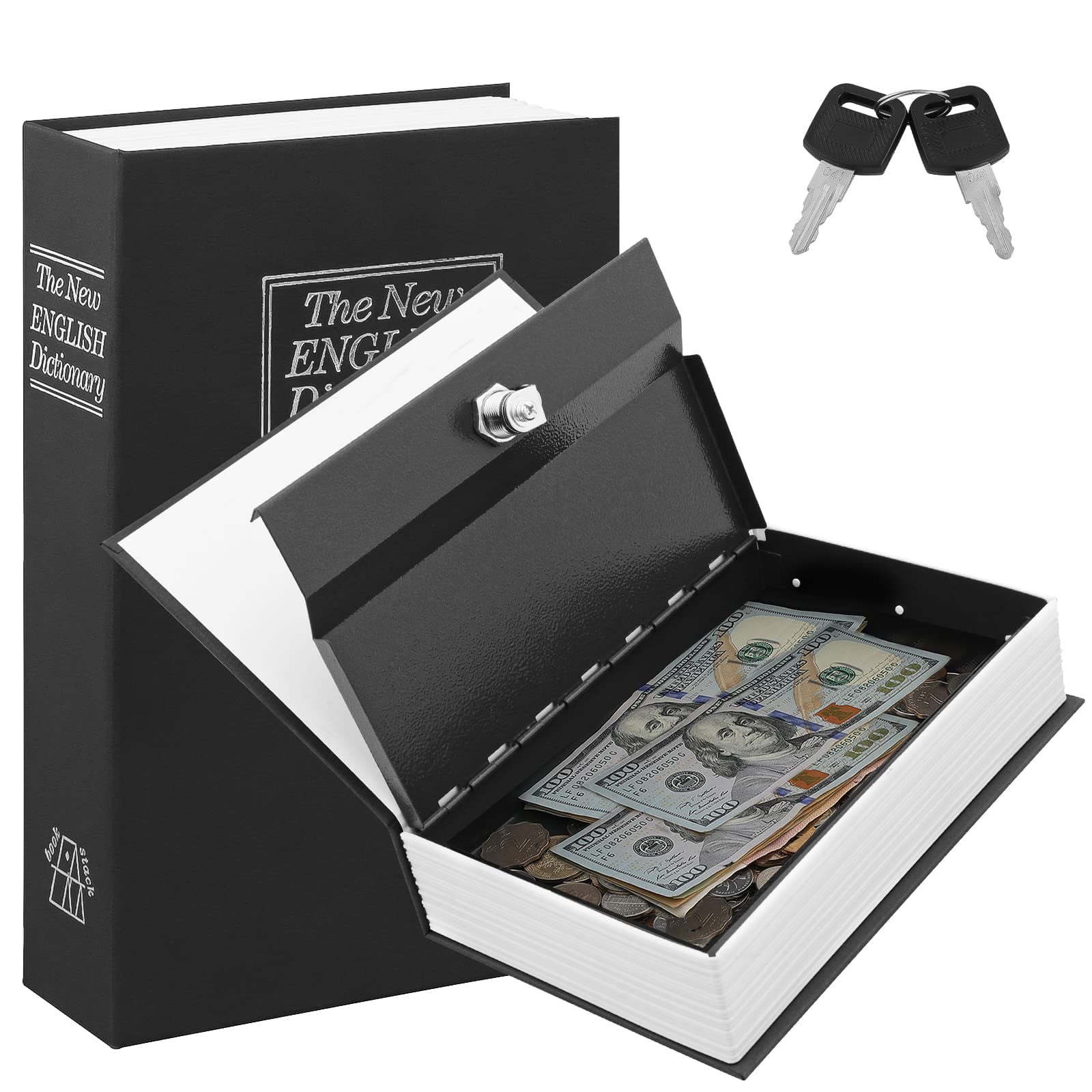 LIYJTK Secret Book Safe with Key Lock, Hidden Metal Security Box for Cash and Jewelry (Black, 4.5 in x 3.1 in x 1.8 in) qjmri