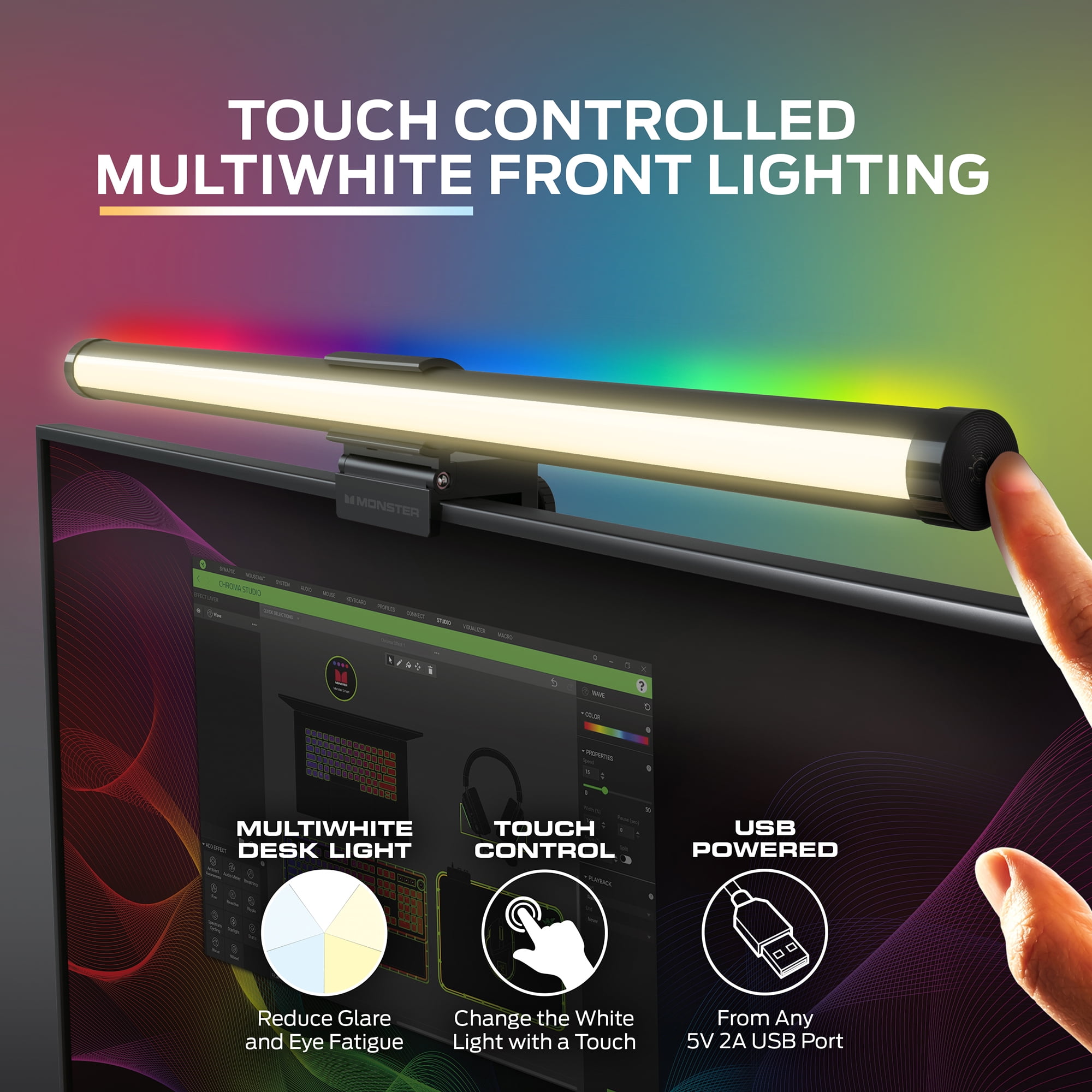 Monster LED Duo Monitor Light Bars with Smart Color Control and Razer Chroma Sync (RGB, 18.80 in) cxhlw