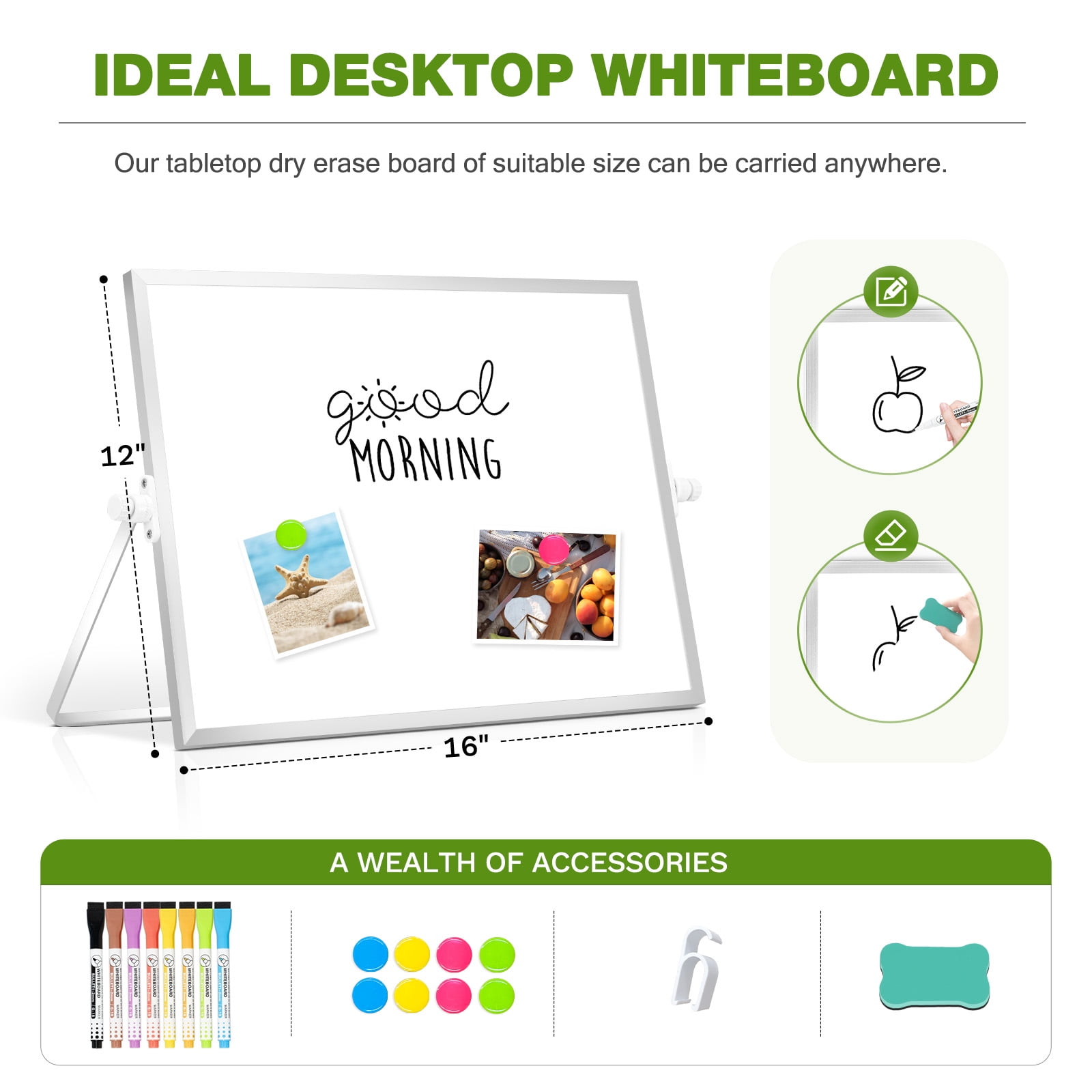 DOLLAR BOSS Magnetic Desktop Whiteboard, Double-Sided Portable Dry Erase Easel with Markers and Magnets (White, 16 in x 12 in) 5cw36